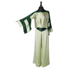 Pale green and forest green silk satin pyjamas Chez Suzanne Circa 1930's