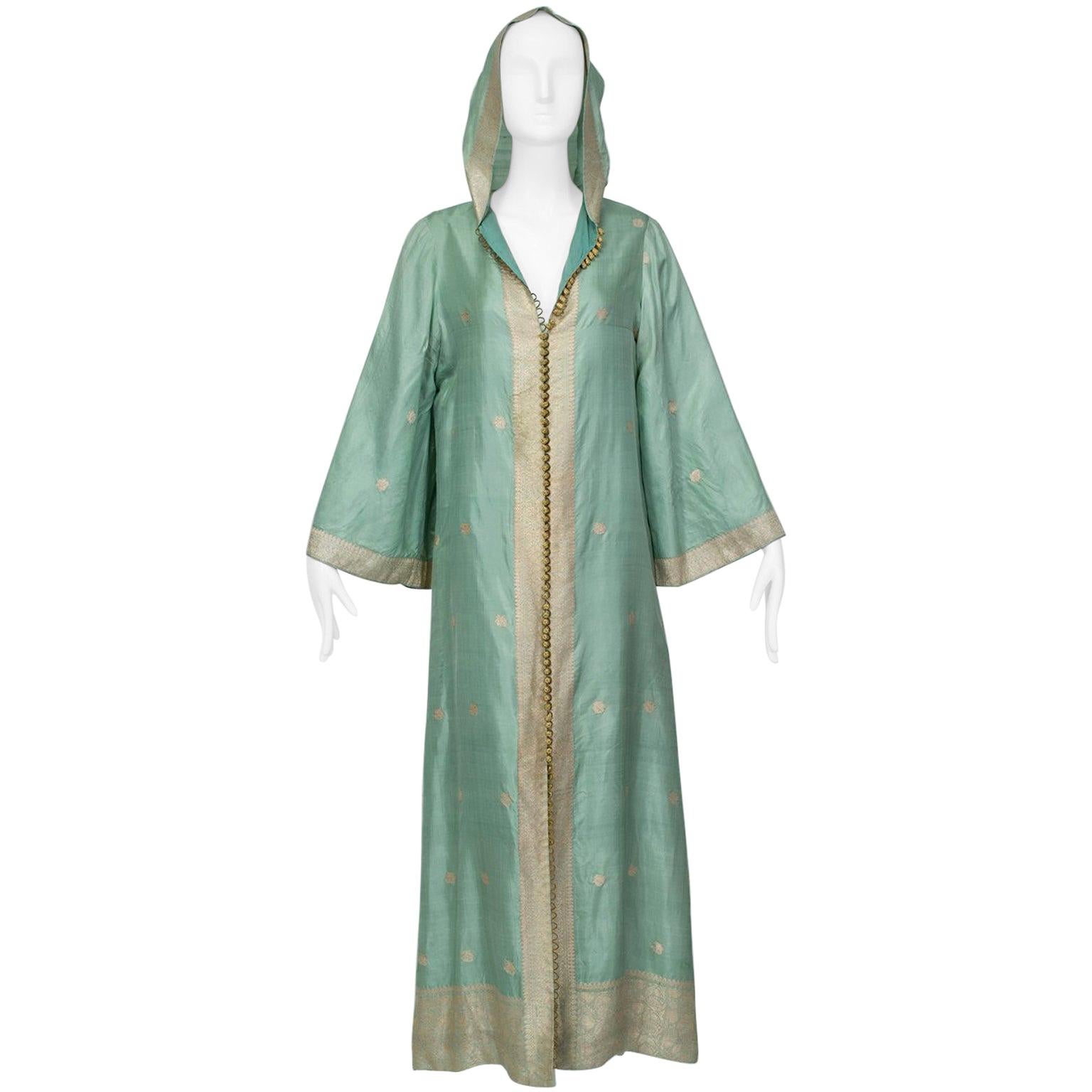 Green Sari Silk and Gold Thread Hooded Kaftan w Provenance, Tunisia - M, 1970s For Sale