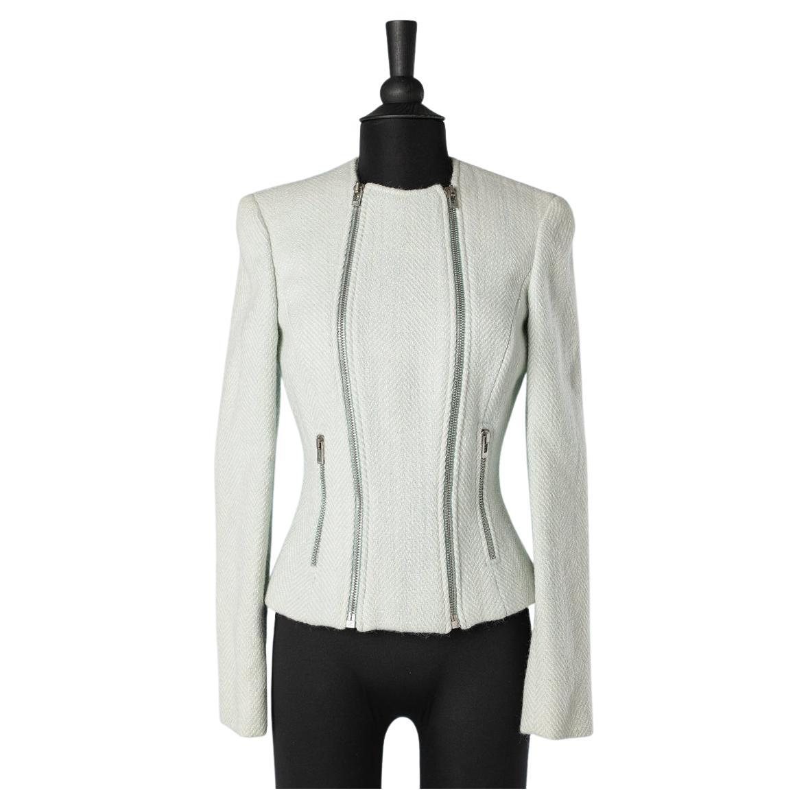 Pale green and off-white tweed jacket with double zip Gianni Versace Couture  For Sale