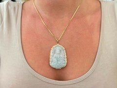 Pale Green Blue Jade Buddah Necklace 14K Yellow Gold