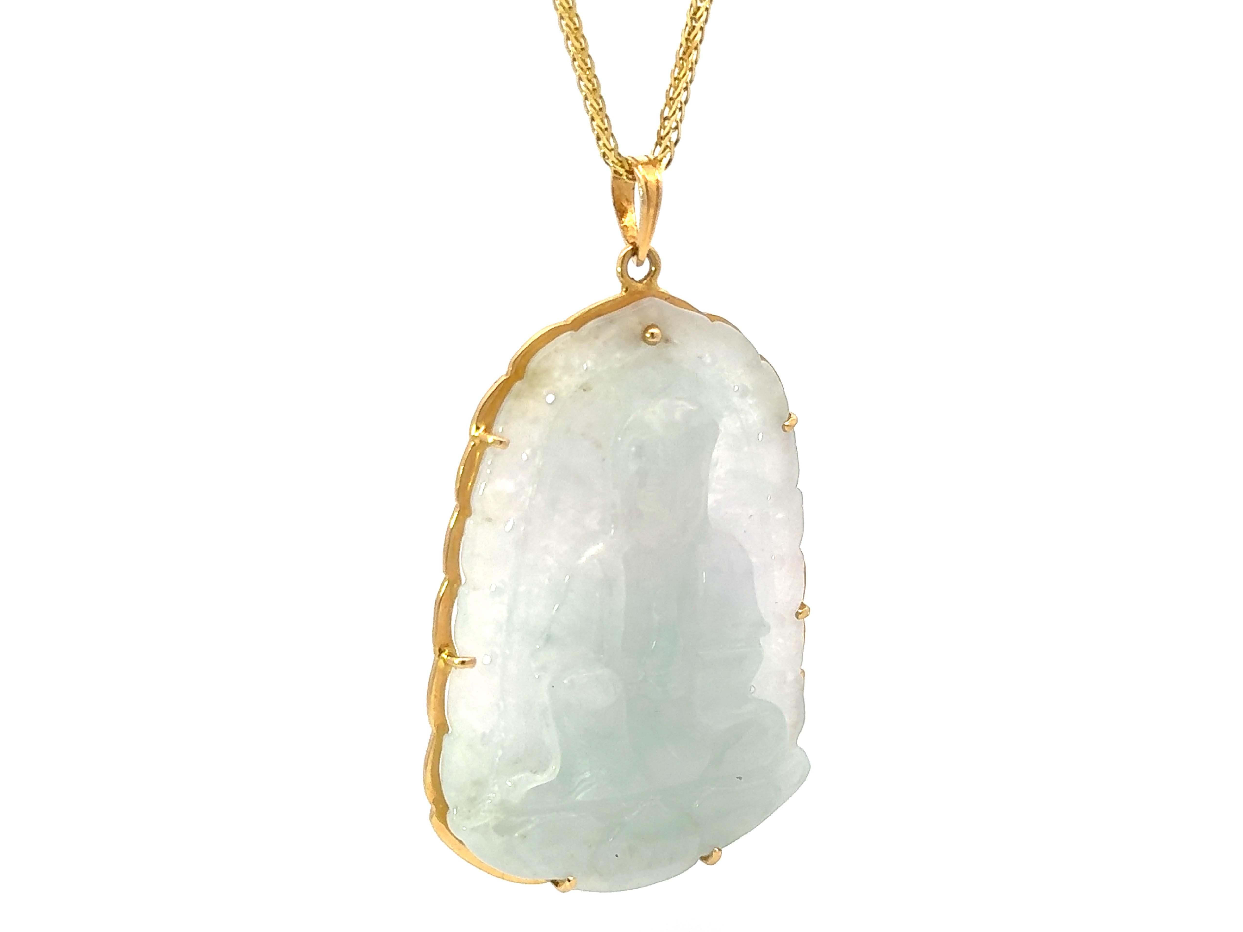 Modern Pale Green Blue Jade Buddah Necklace 14K Yellow Gold For Sale