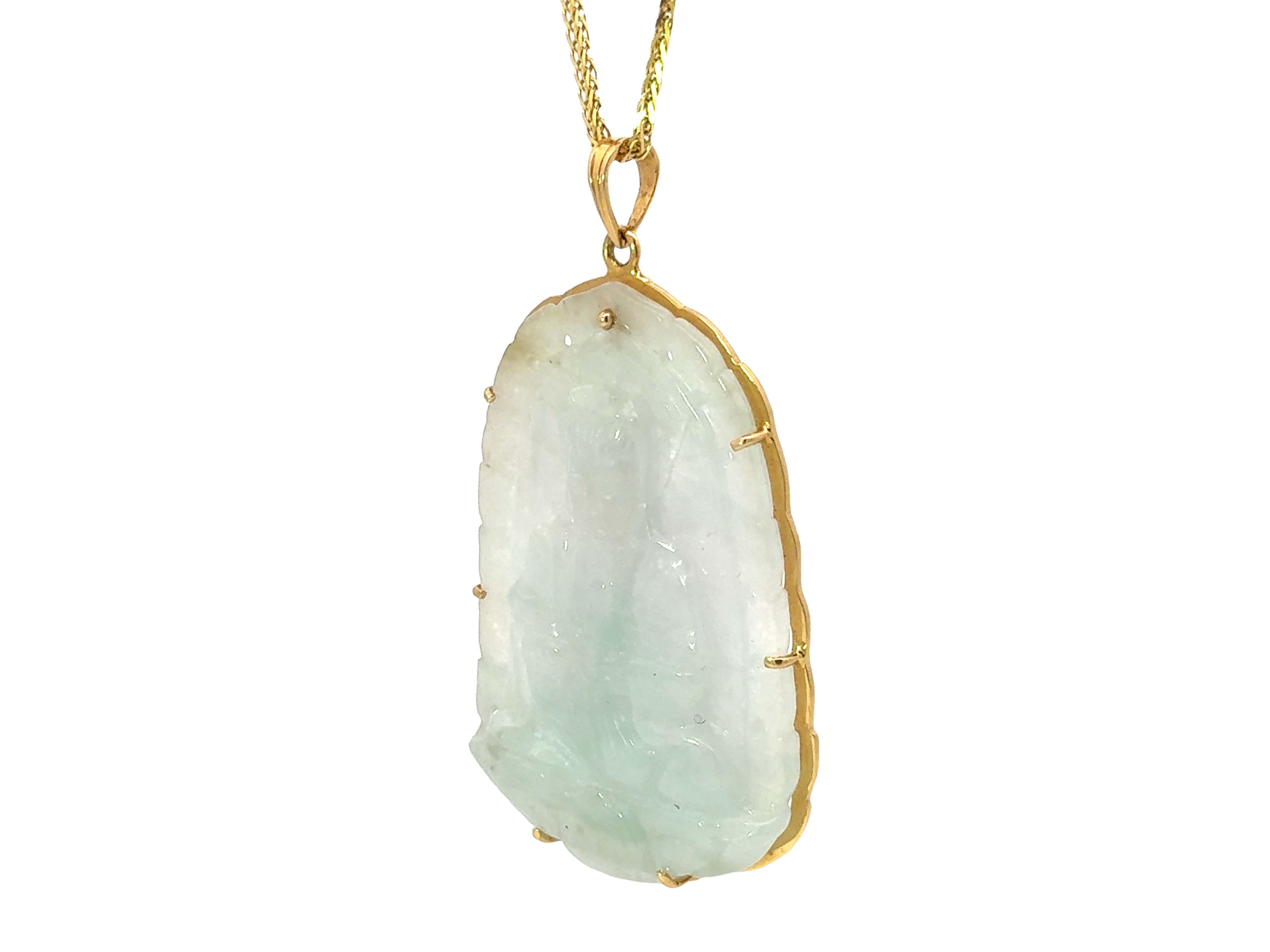 Mixed Cut Pale Green Blue Jade Buddah Necklace 14K Yellow Gold For Sale