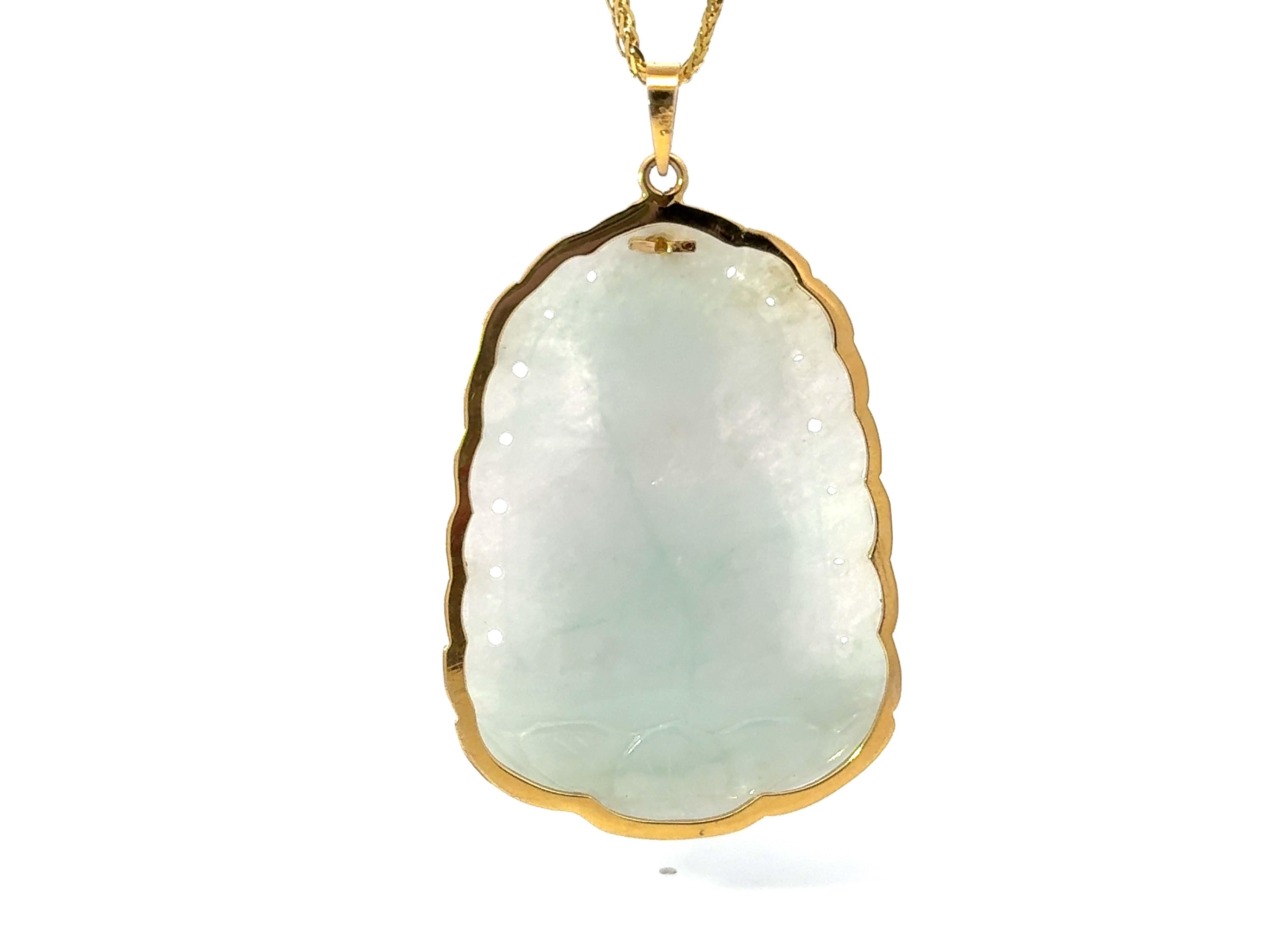 Women's Pale Green Blue Jade Buddah Necklace 14K Yellow Gold For Sale