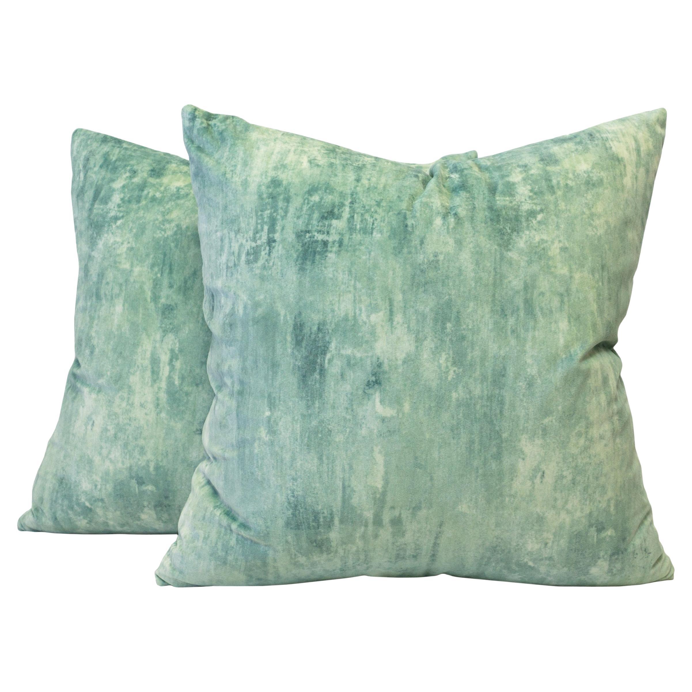 Pale Green-Blue Sploch Velvet Square Pillows For Sale