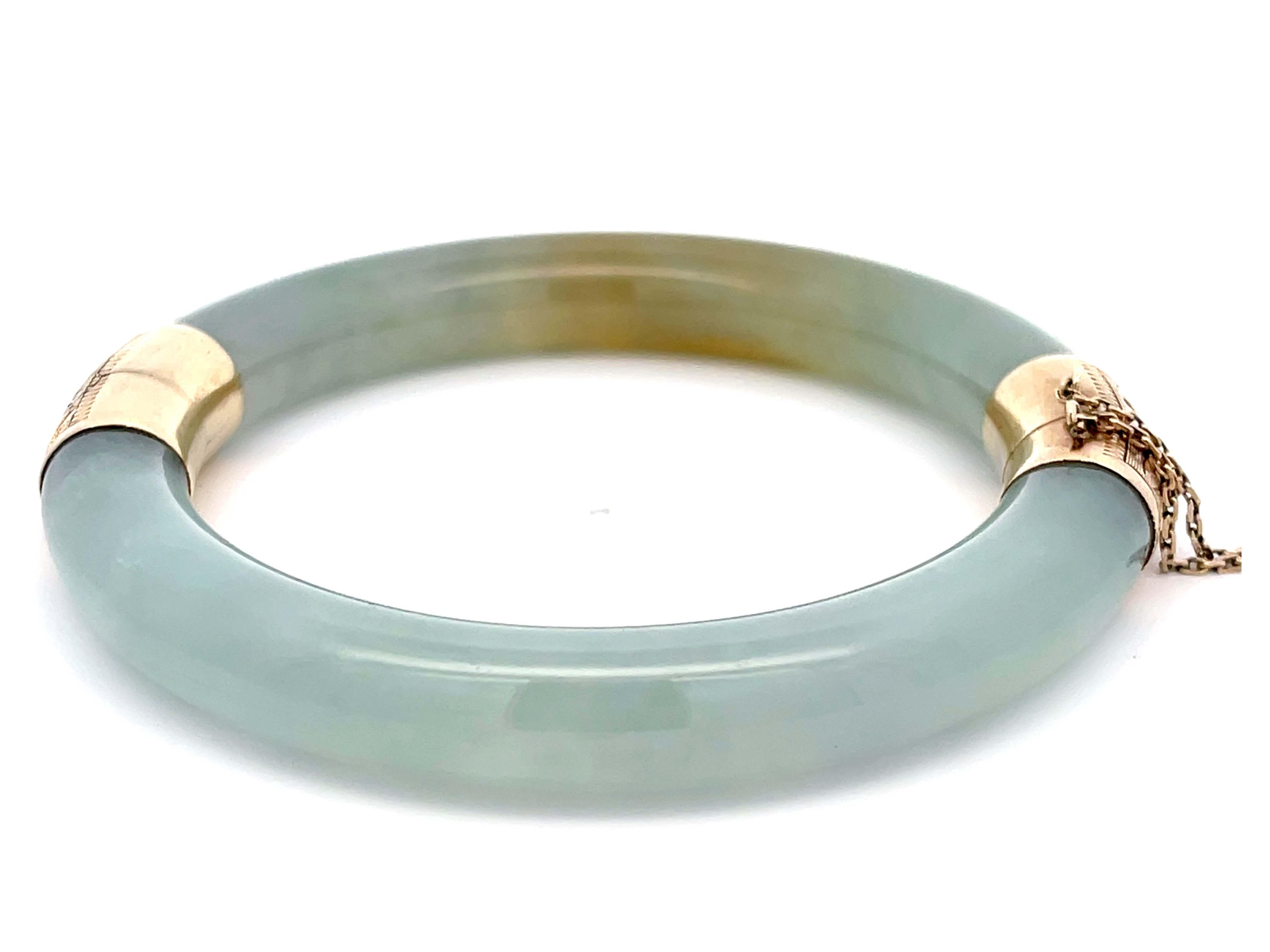GIA Natural Jadeite Jade Pale Green & Brown Hinged Bangle 14K Gold For Sale 3