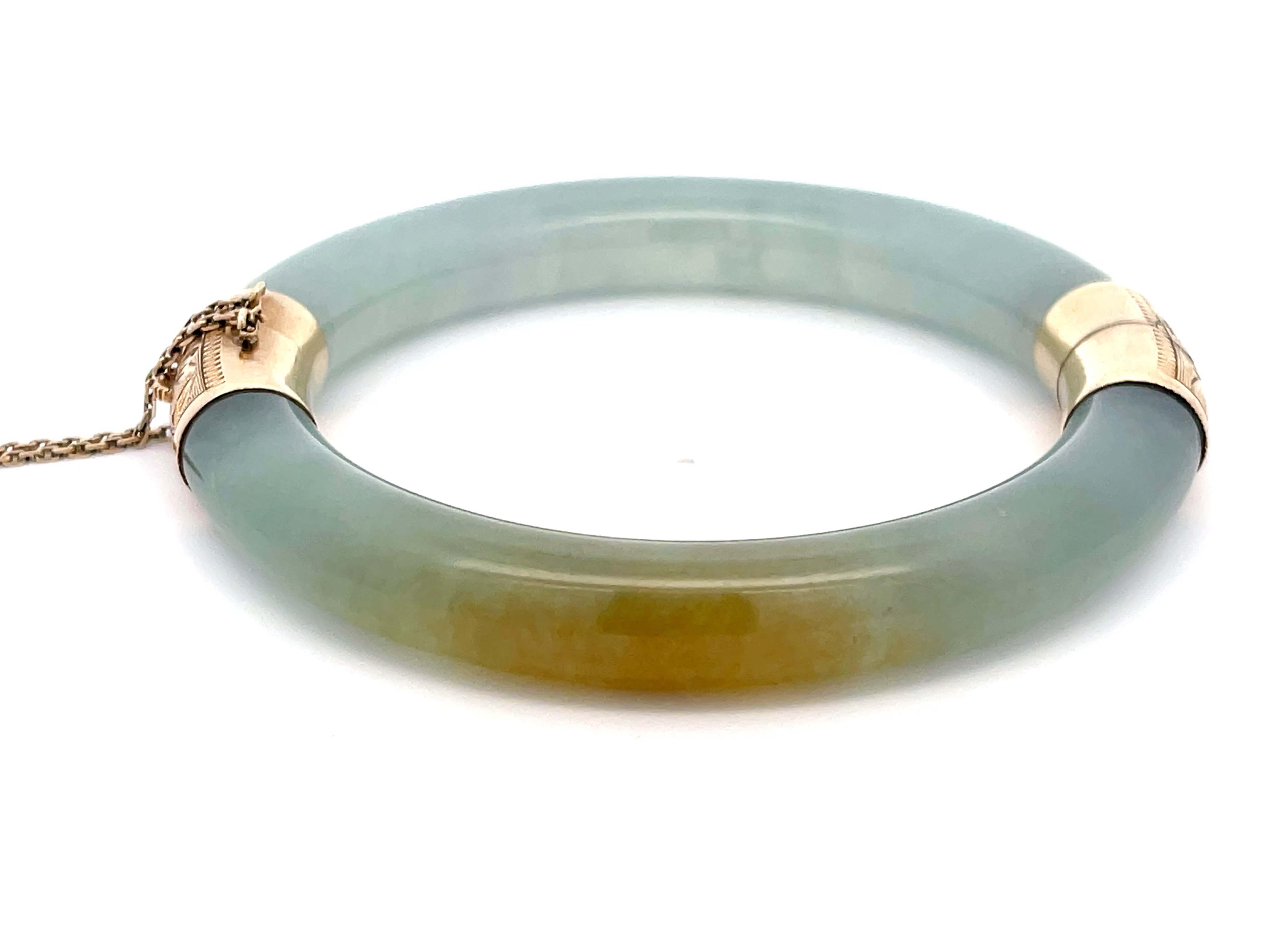 Women's or Men's GIA Natural Jadeite Jade Pale Green & Brown Hinged Bangle 14K Gold For Sale