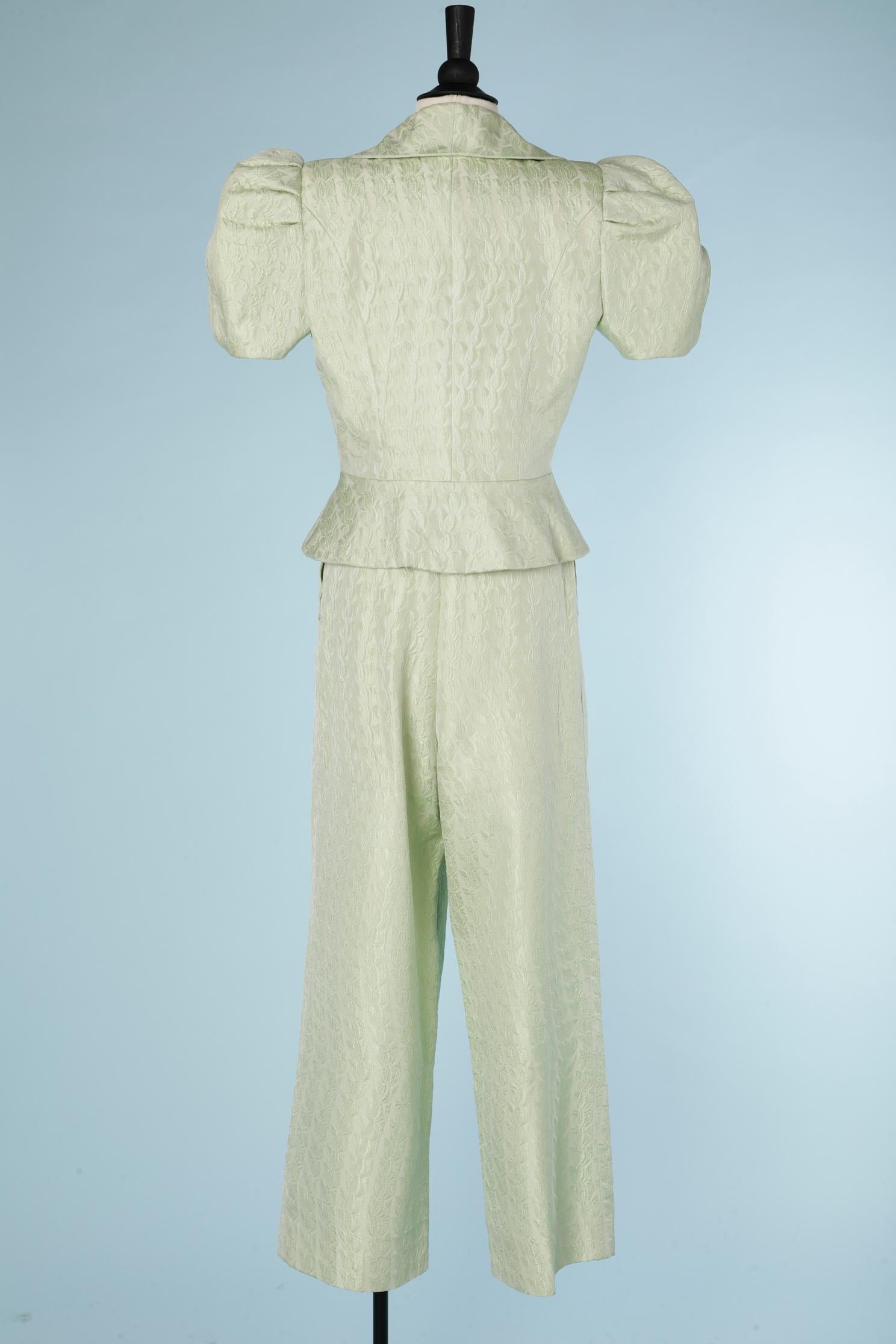 Pale green damask pant-suit Christian Lacroix Luxe Paris  In Excellent Condition For Sale In Saint-Ouen-Sur-Seine, FR