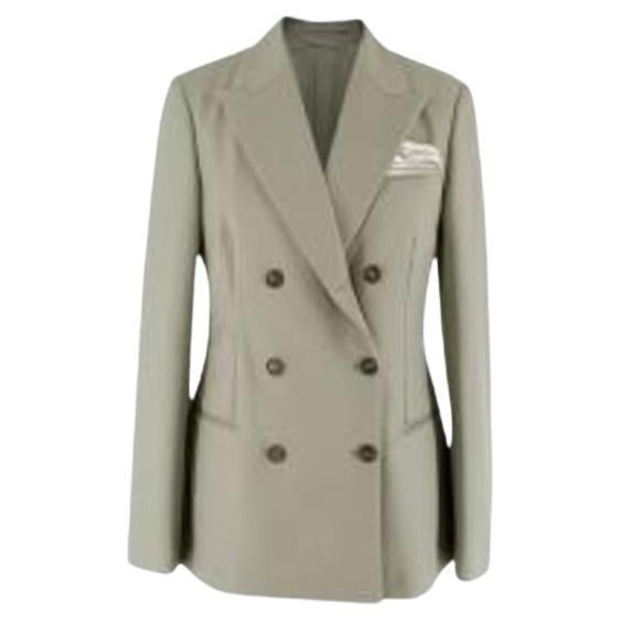 Pale Green Double-Breasted Wool Blazer with Pocket Square For Sale