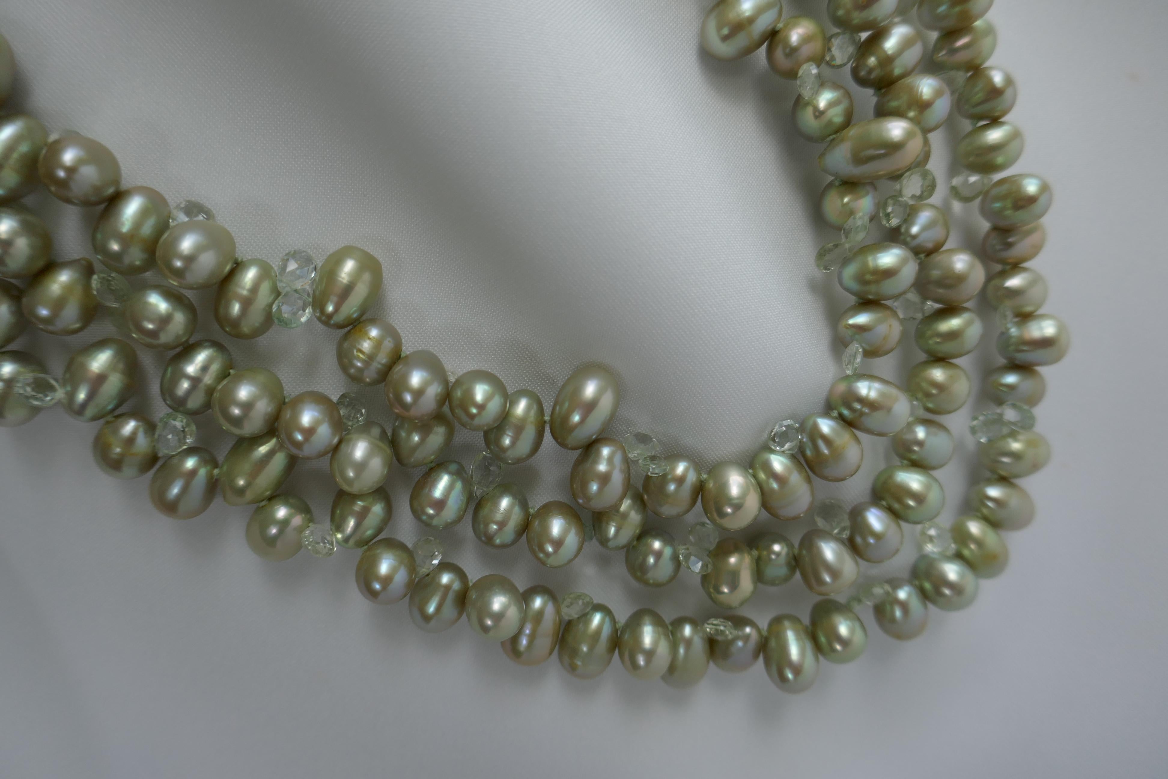 Contemporary Pale Green Drop Cultured Pearl Beryl Sterling Silver Necklace For Sale