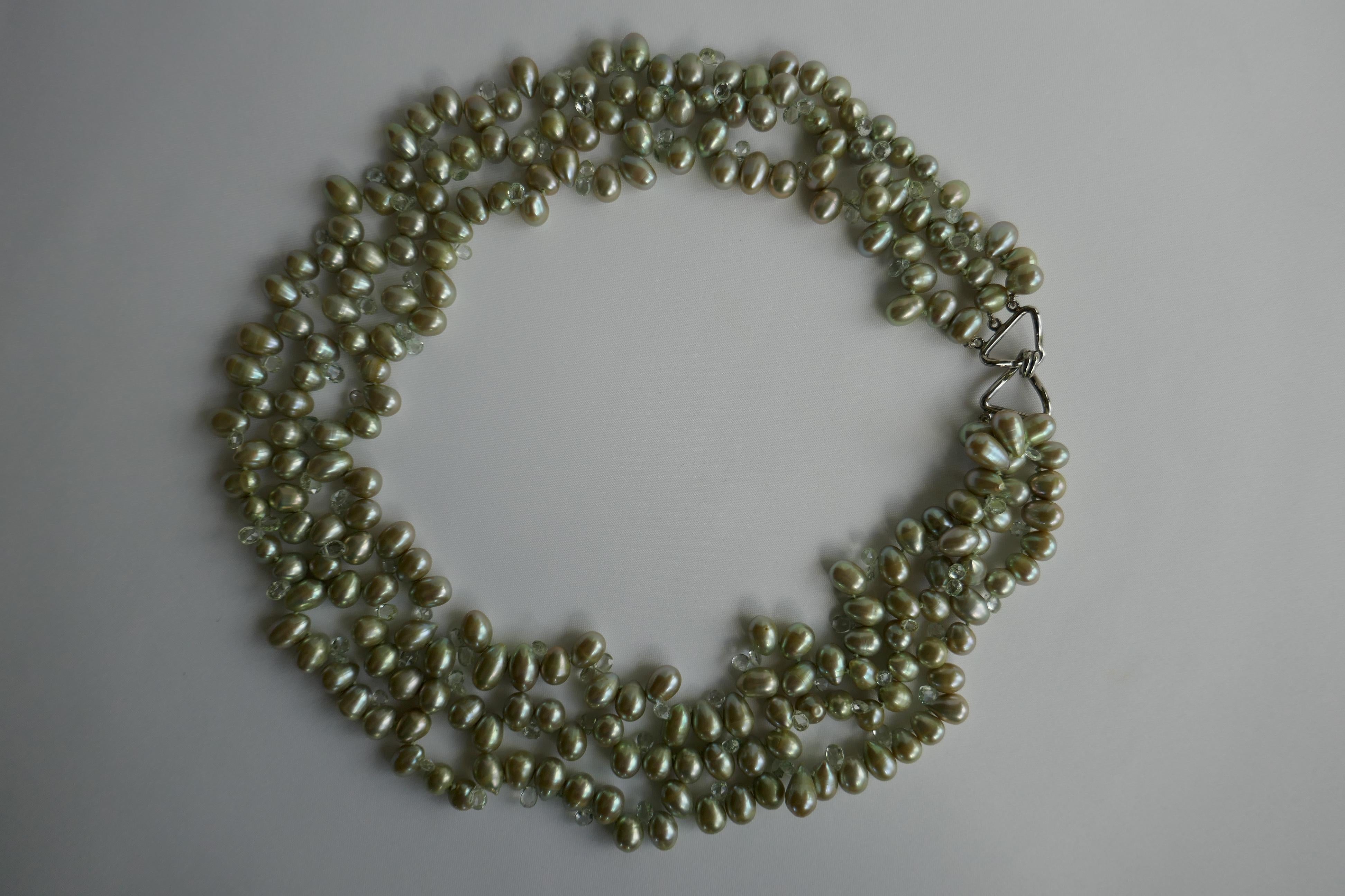 Pale Green Drop Cultured Pearl Beryl Sterling Silver Necklace In New Condition For Sale In Coral Gables, FL