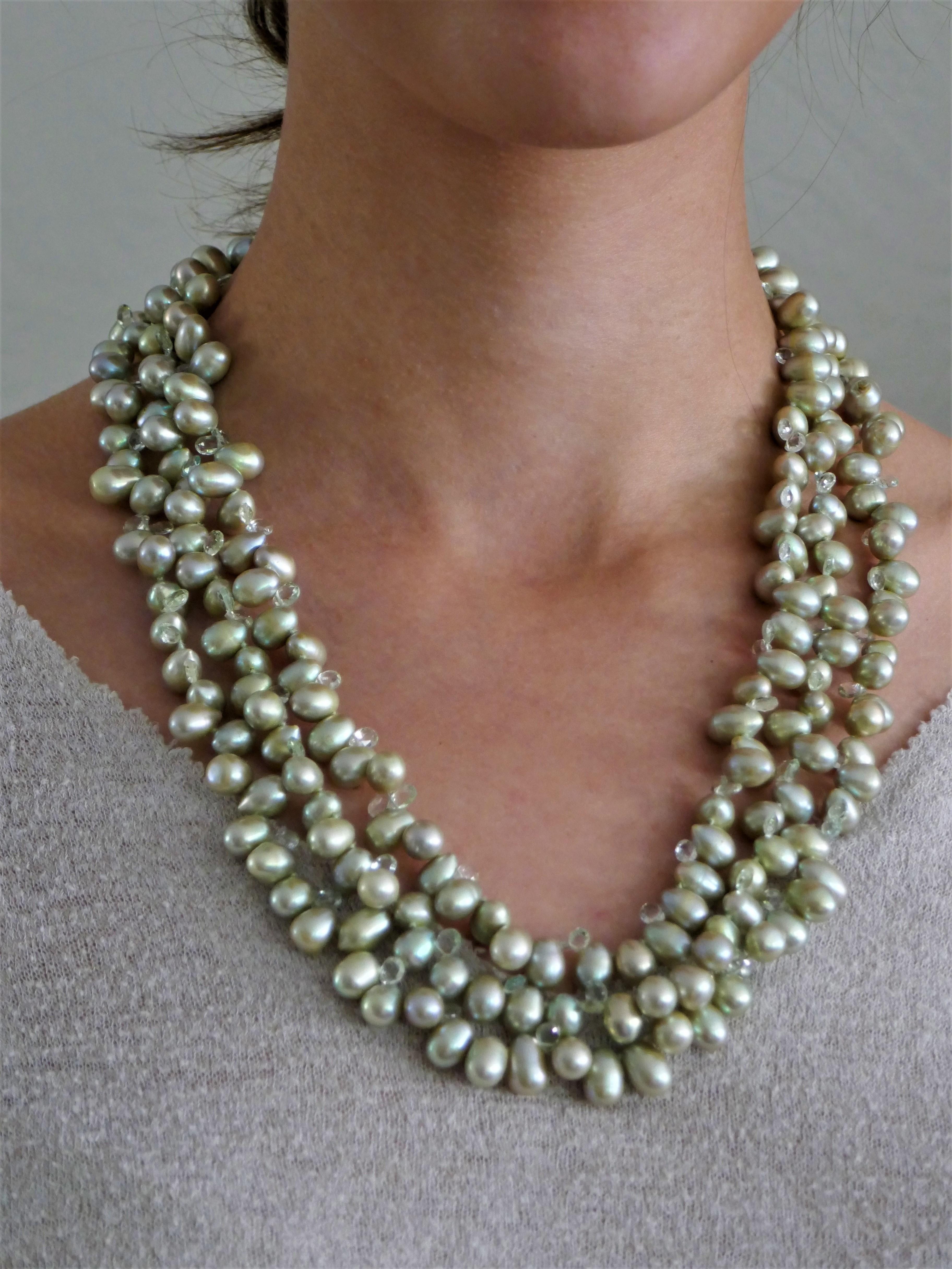 Pale Green Drop Cultured Pearl Beryl Sterling Silver Necklace For Sale 3