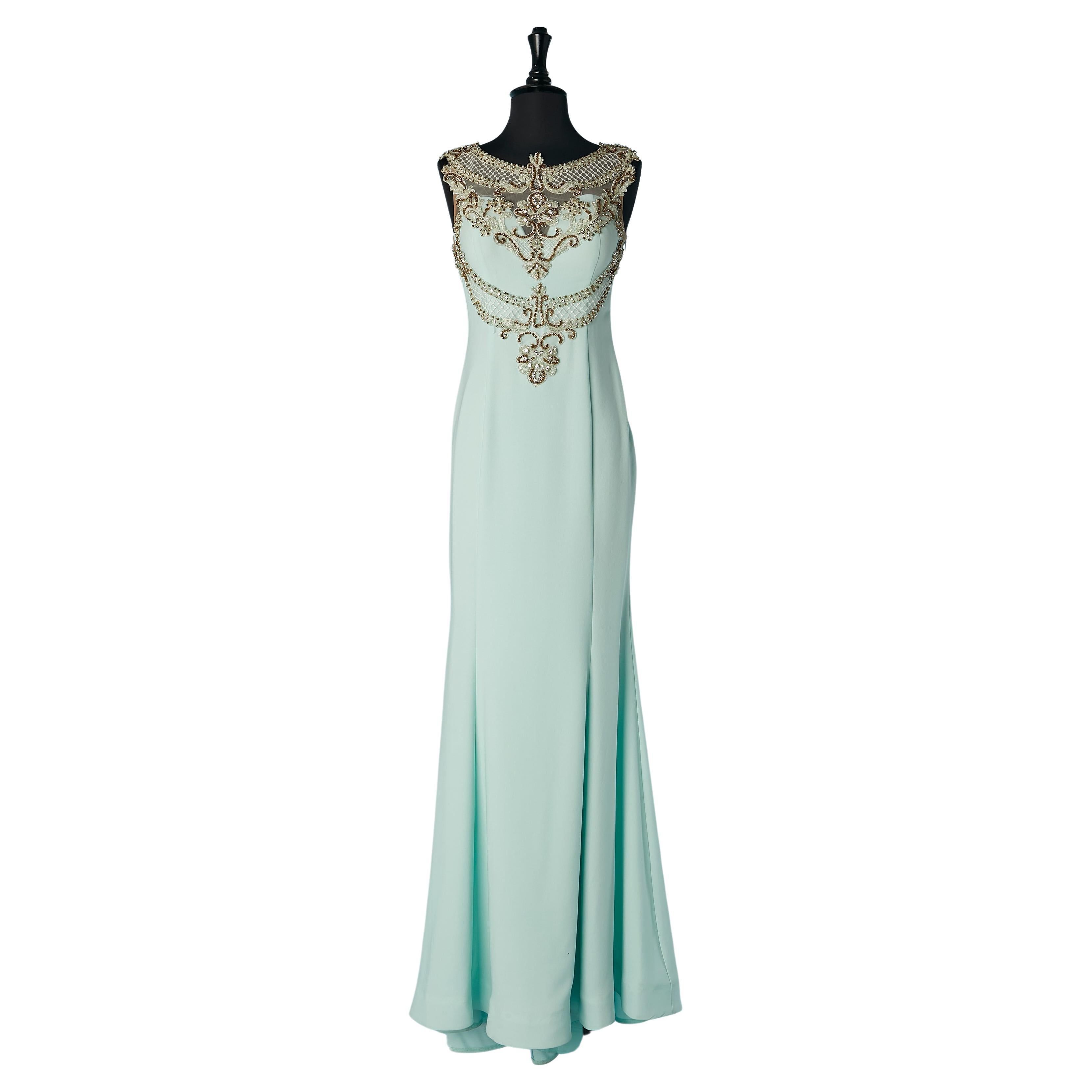 Pale green evening dress with rhinestone and beads Gai Mattiolo The Red Carpet  For Sale