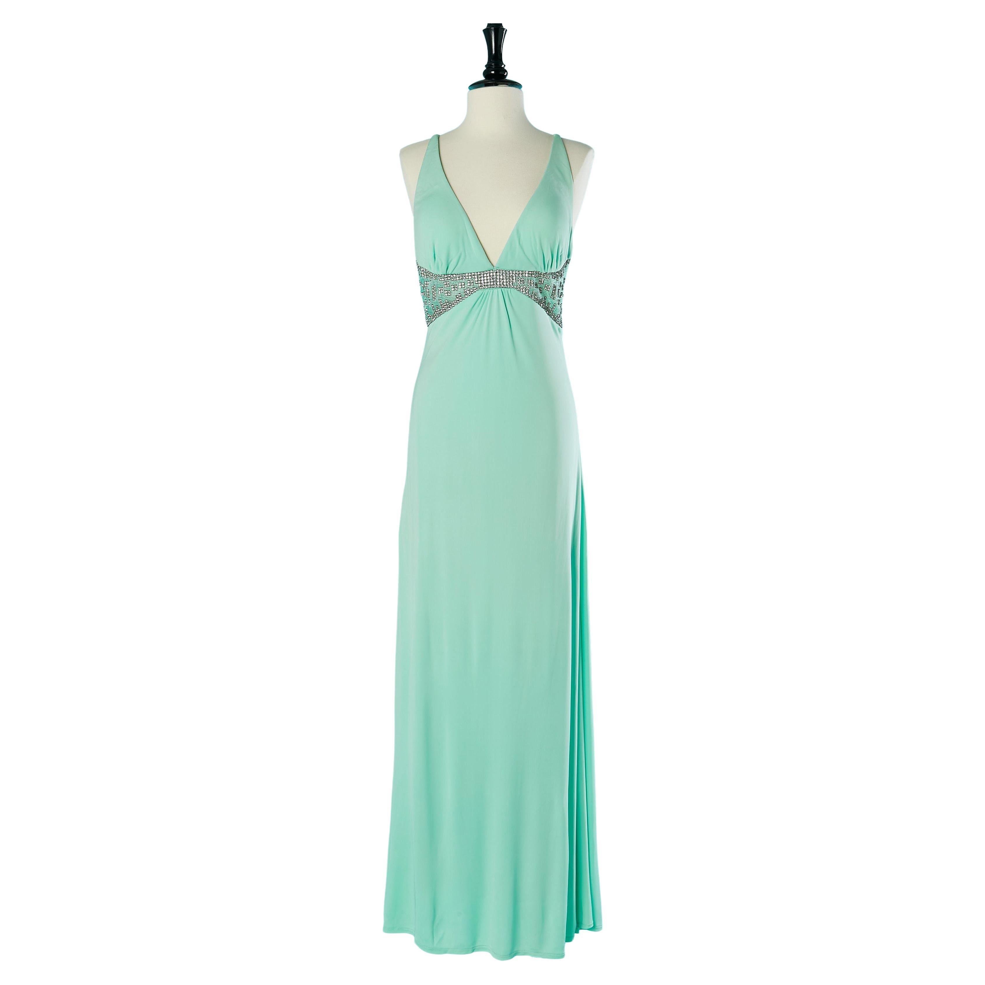 Pale green evening dress with rhinestone waist Gai Mattiolo New with tag For Sale