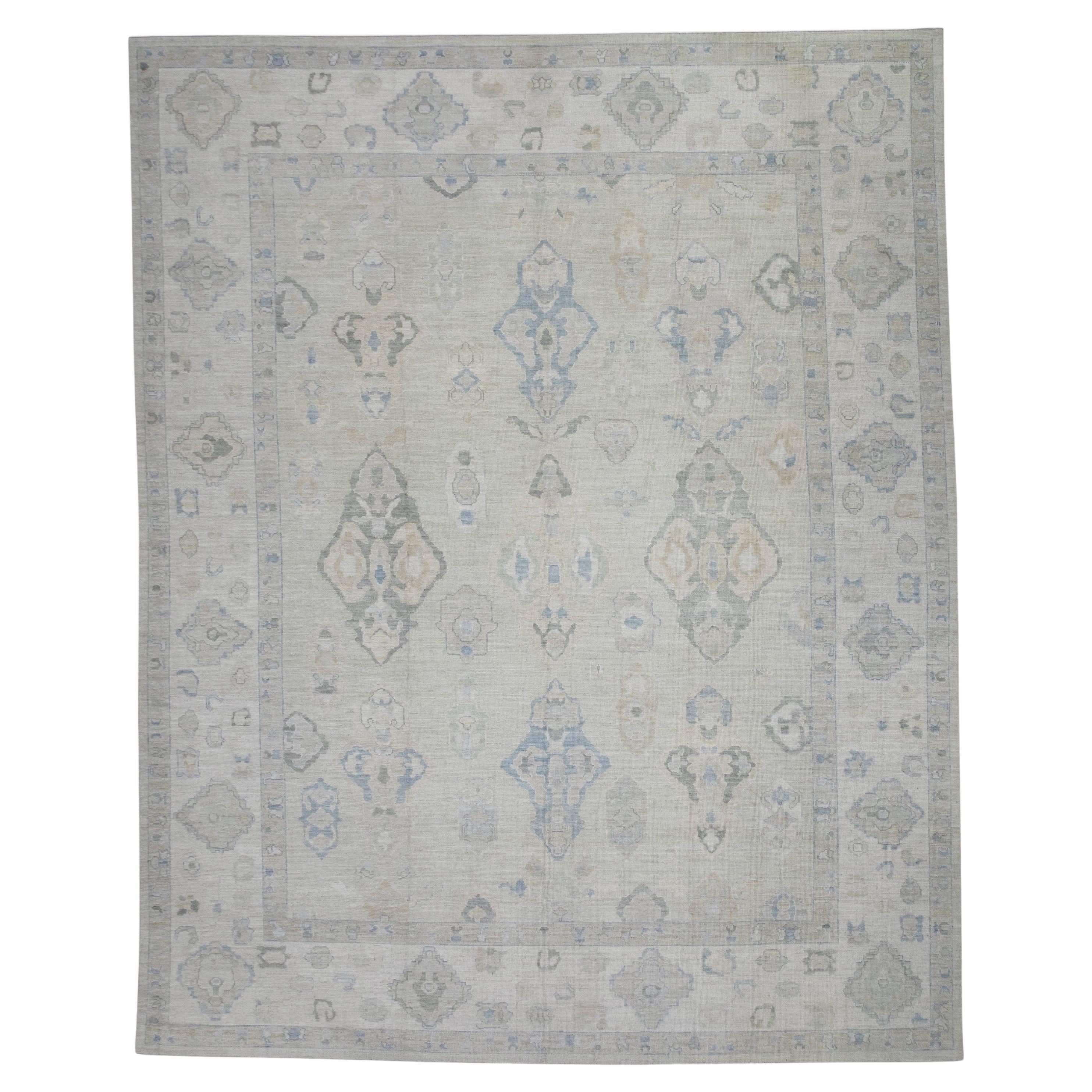 Pale Green Floral Design Handwoven Wool Turkish Oushak Rug 11'11" X 15'2" For Sale
