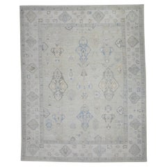 Handgewebter türkischer Oushak-Teppich aus Wolle in blassgrünem, geblümtem Design 11'11" X 15'2"