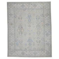 Pale Green Floral Design Handwoven Wool Turkish Oushak Rug 11'11" X 15'2"