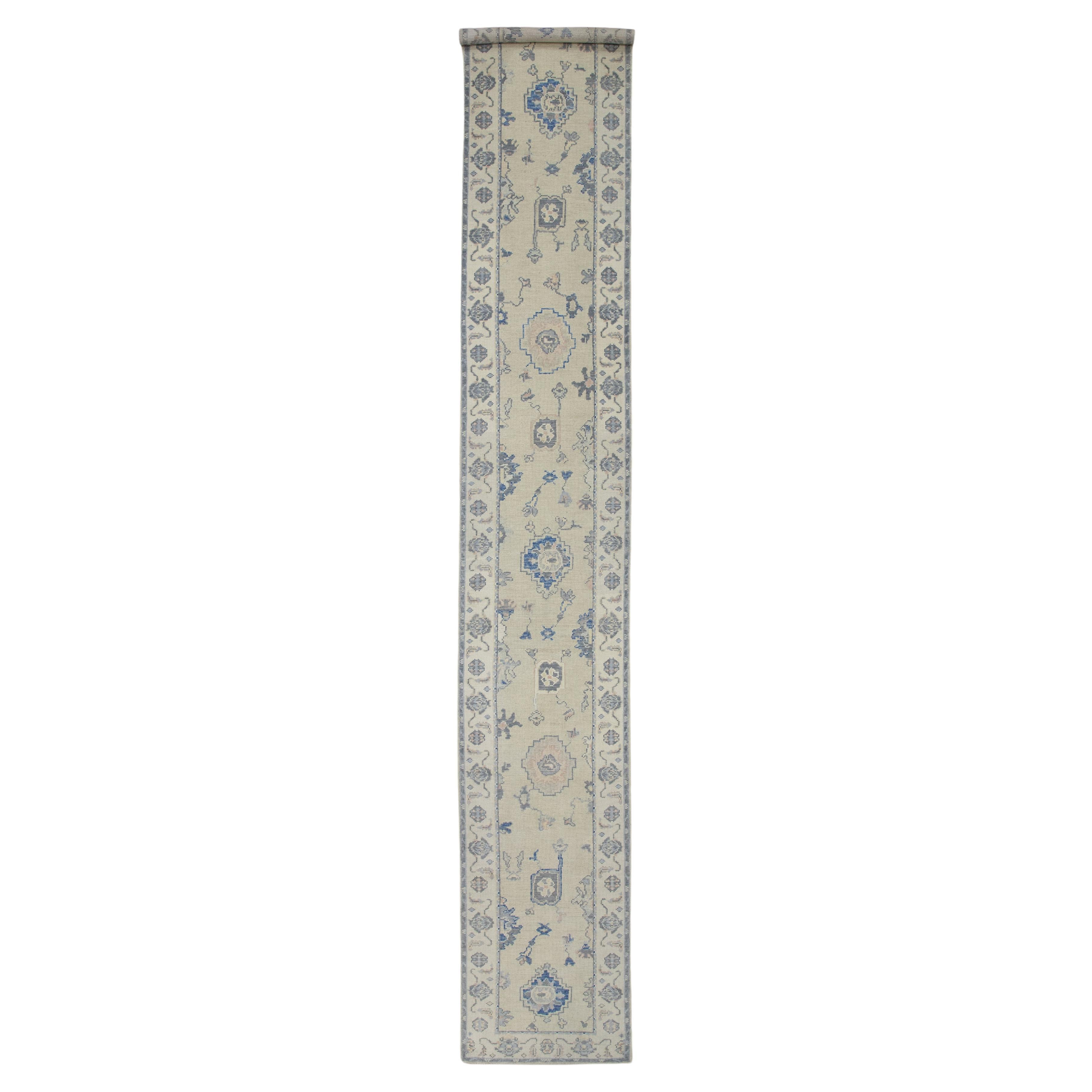 Pale Green Floral Design Handwoven Wool Turkish Oushak Runner 2'11" X 18'8" For Sale