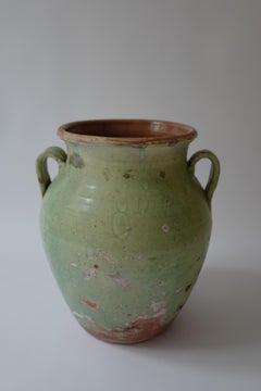 Rare French Pale Green Glazed Terracotta Pot with Antique Patina