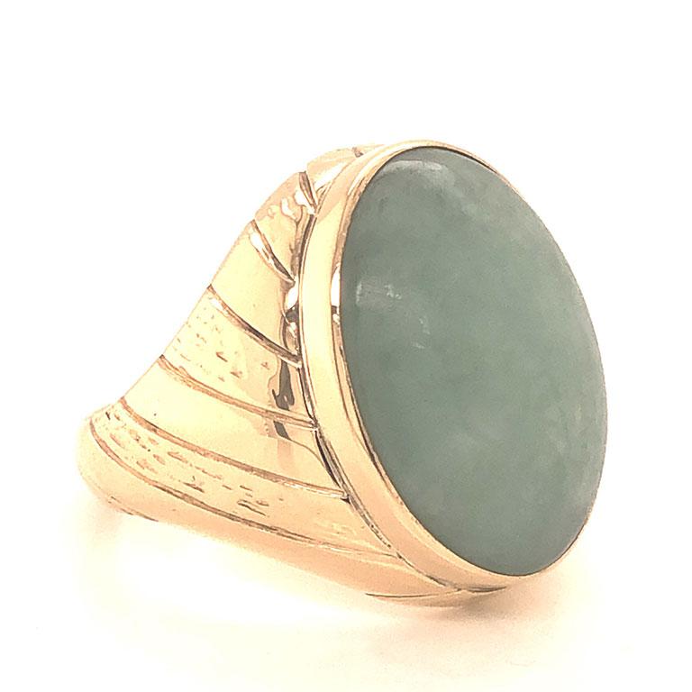 Cabochon Pale Green Jade Ring ~14 carats in 14k Yellow Gold For Sale