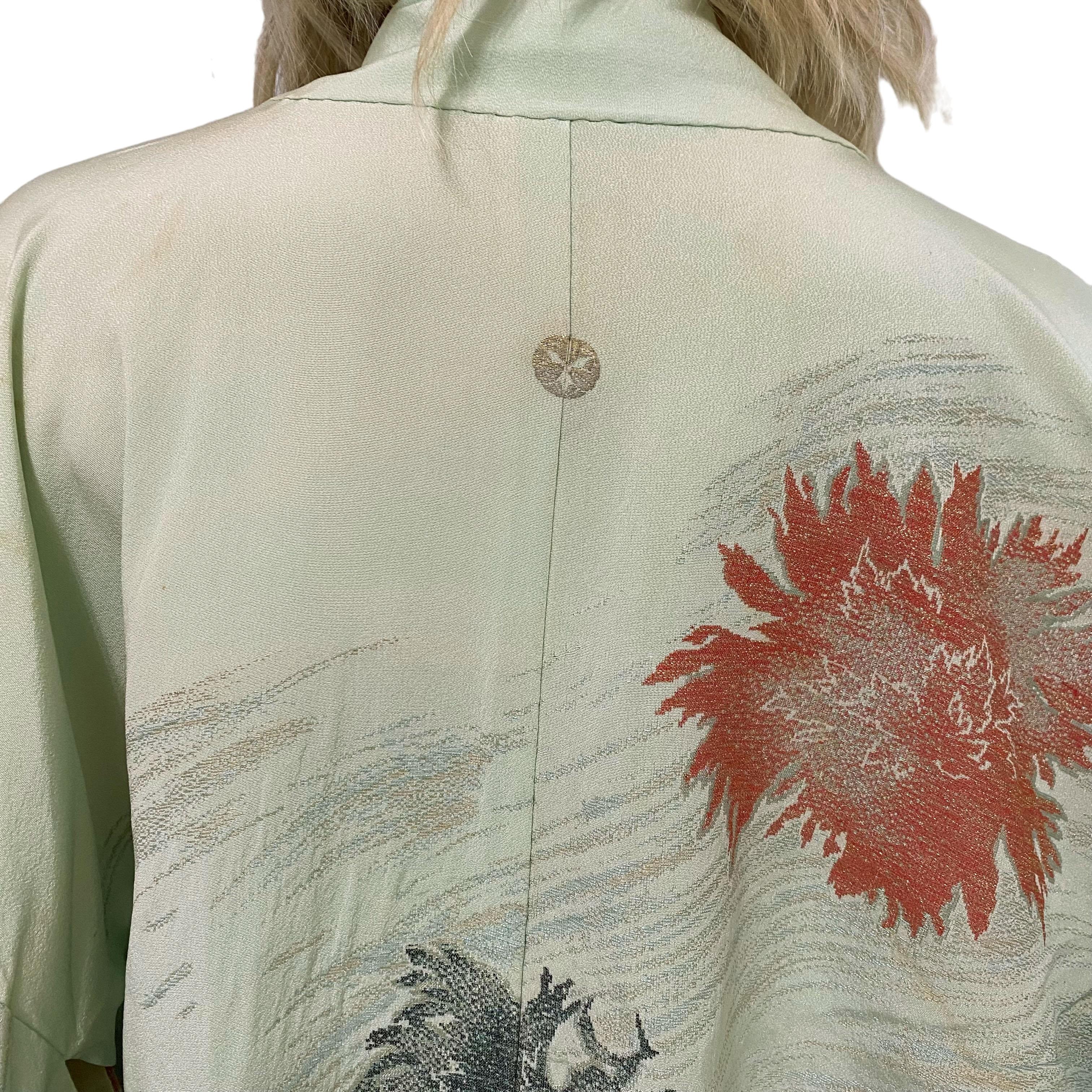 Brown Pale Green Japanese Silk Brocade Kimono Cocoon Jacket vintage For Sale