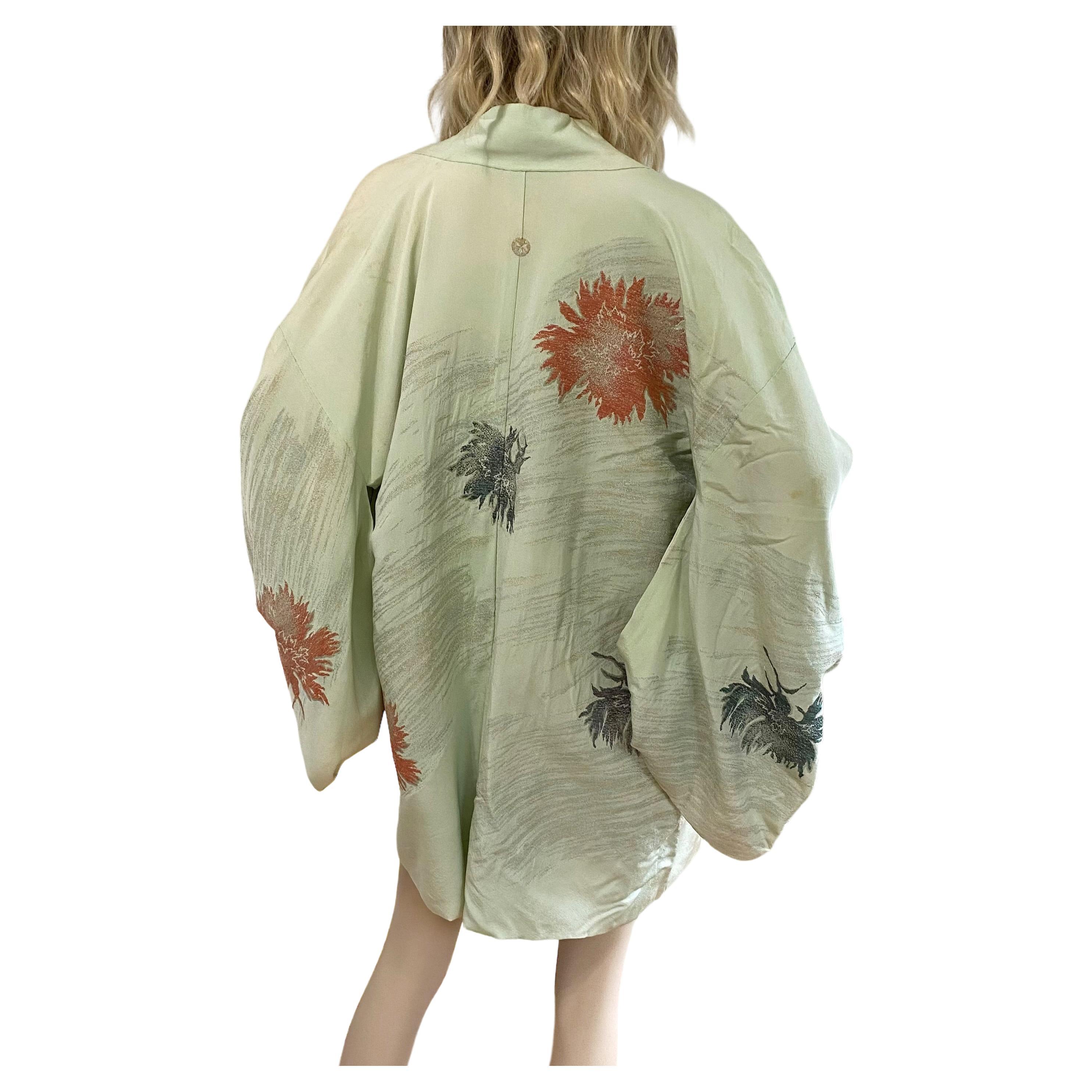 Pale Green Japanese Silk Brocade Kimono Cocoon Jacket vintage en vente