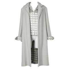 Pale green knit edge to edge coat and printed silk shirt Chanel