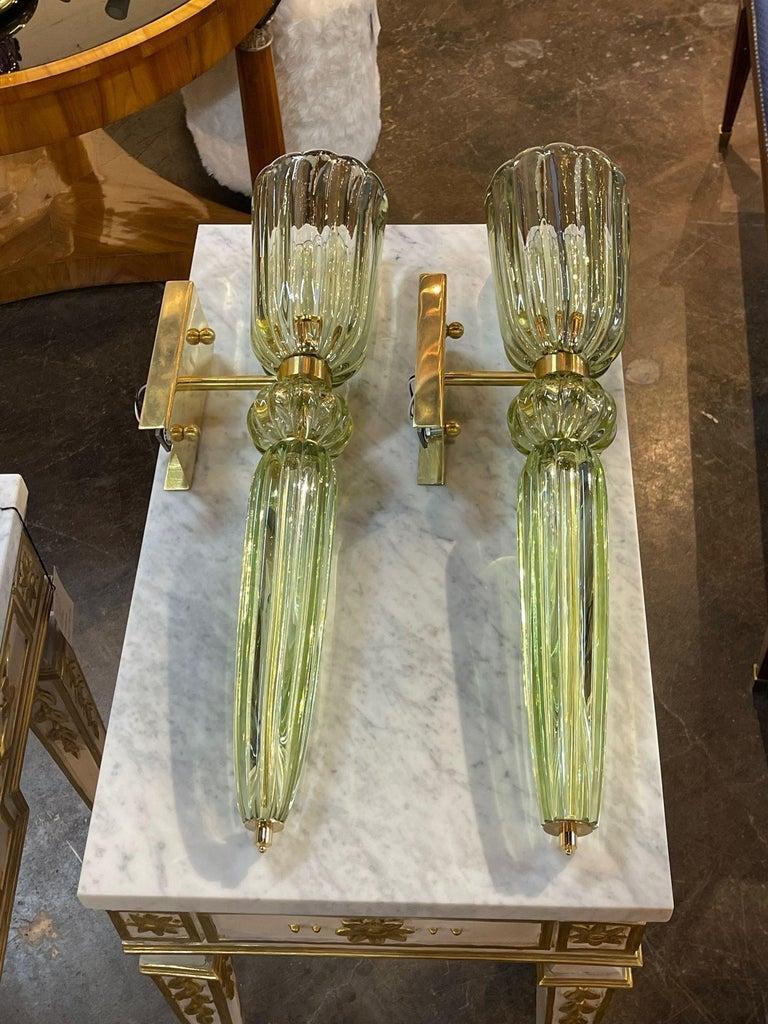 Contemporary Pale Green Murano Glass and Brass Sconces by Seguso For Sale