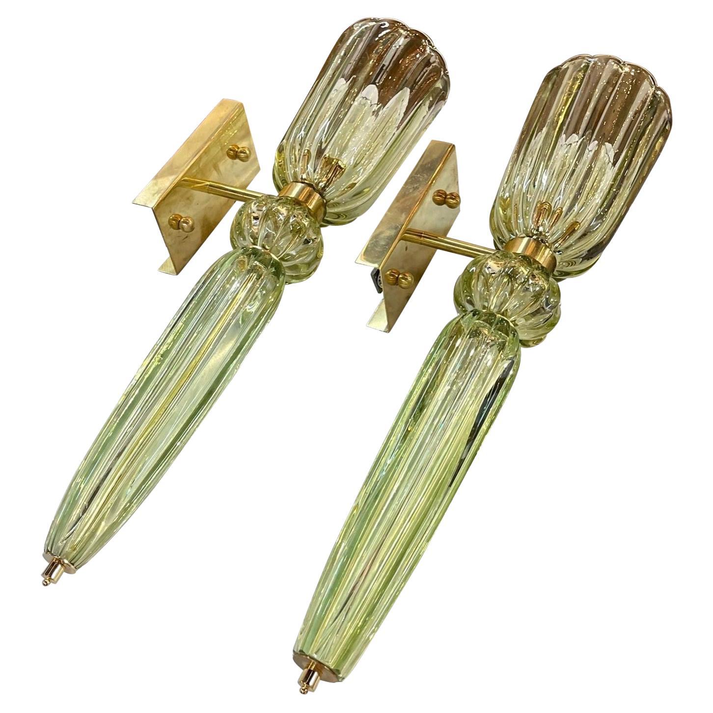 Pale Green Murano Glass and Brass Sconces by Seguso For Sale