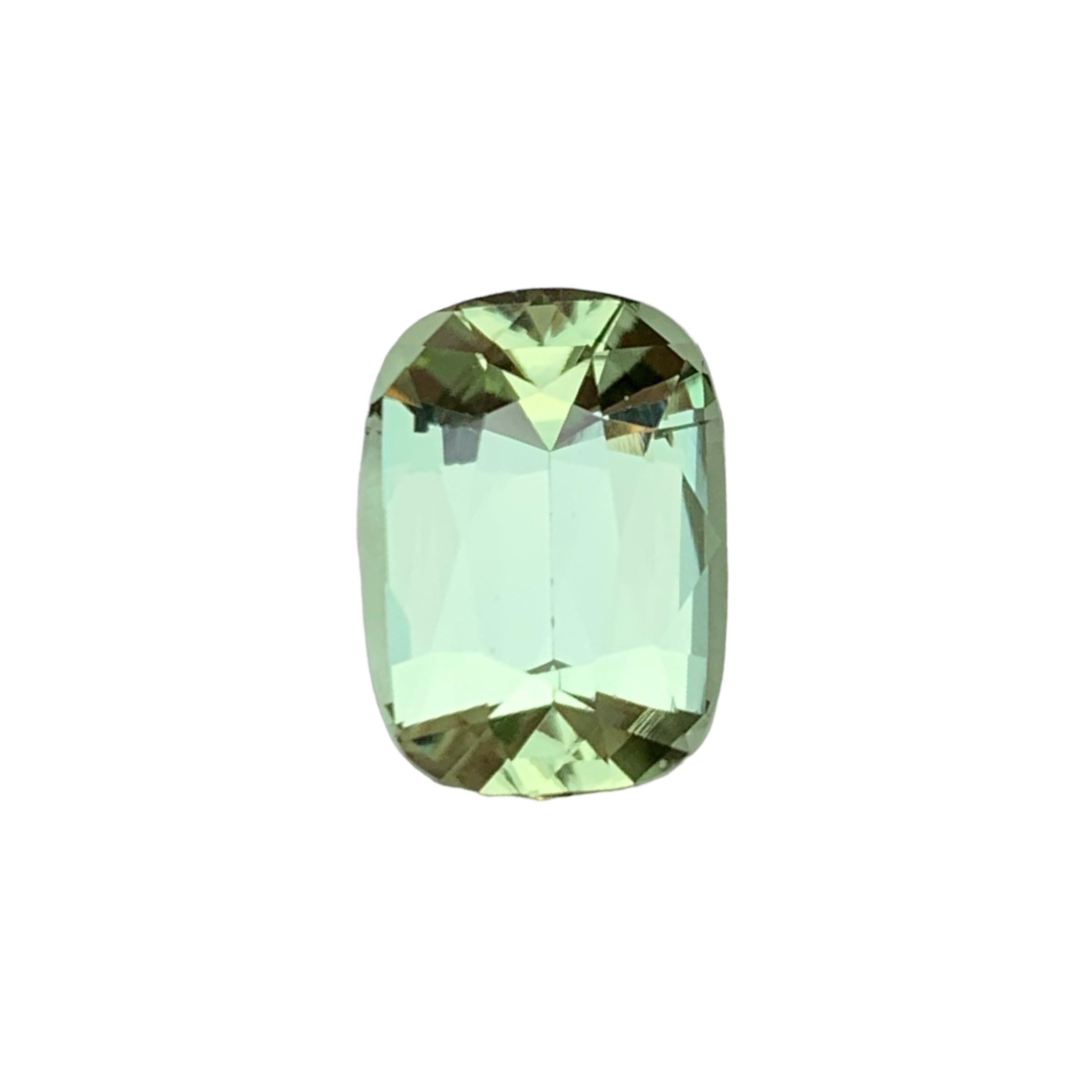 GEMSTONE TYPE: Tourmaline
PIECE(S): 1
WEIGHT: 5.35 Carat
SHAPE: Step Cushion
SIZE (MM):  12.75 x 9.16 x 6.44
COLOR: Pale Green
CLARITY: Eye Clean
TREATMENT: Not treated
ORIGIN: Afghanistan
CERTIFICATE: On demand

A stunning 5.35 carats Pale Green