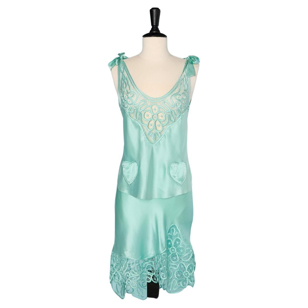 Ensemble aus blassgrünem Seidenseiden-Kleidung mit durchsichtiger Büste Lolita Lempicka  im Angebot