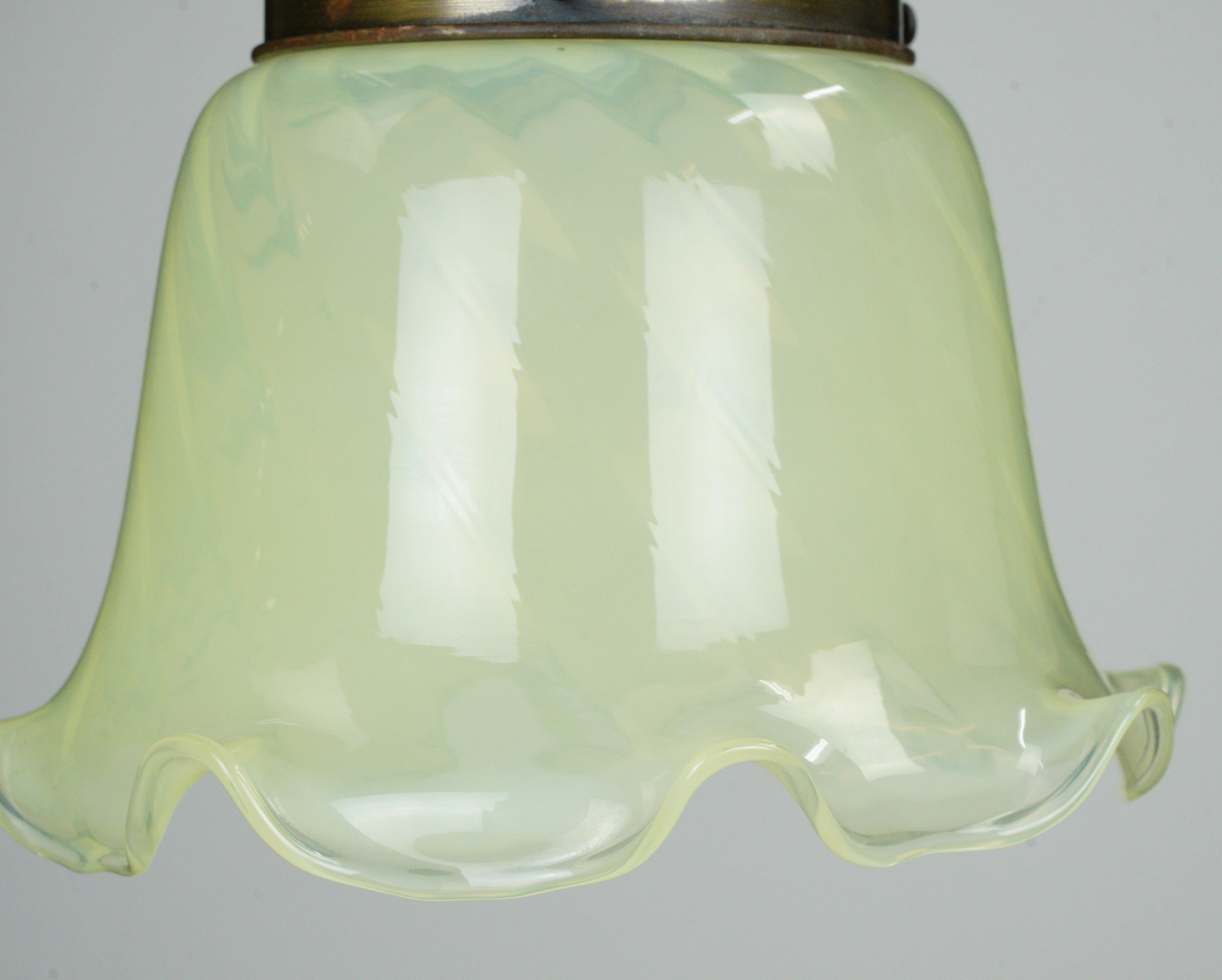 Pale Green Uranium Glass Shade Brass Pendant Light In Good Condition In New York, NY