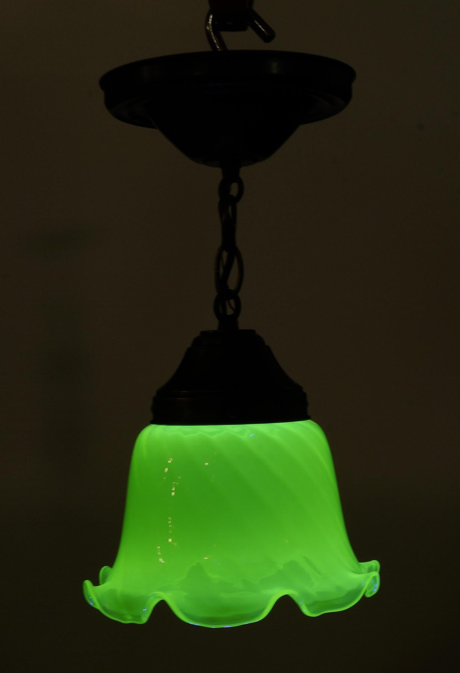 Pale Green Uranium Glass Shade Brass Pendant Light 2