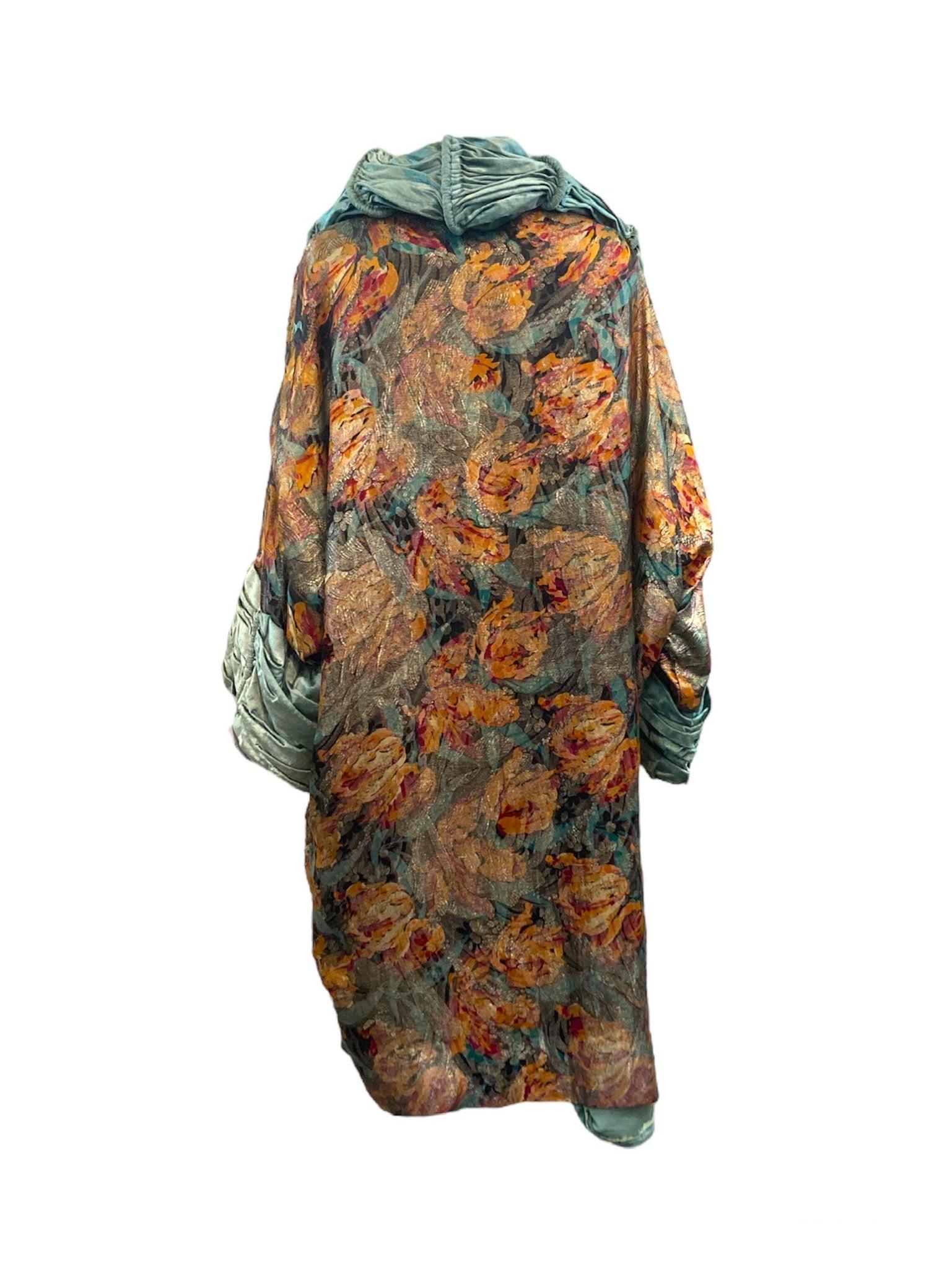 Brown Pale Green Velvet and Floral Lame Opera Coat, 1920s For Sale