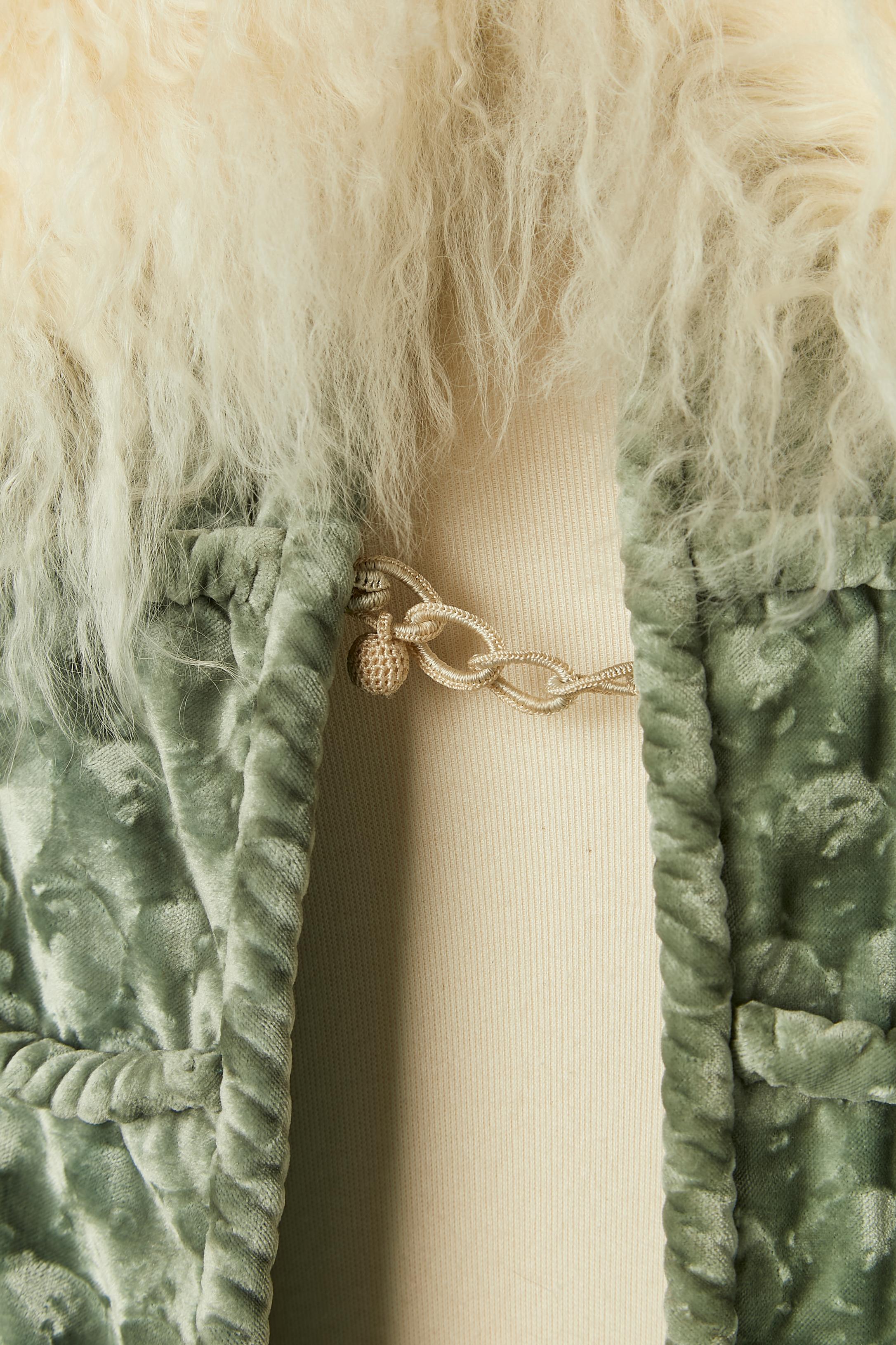 White Pale green velvet Opera cape with fur ivory collar Circa 1925 For Sale
