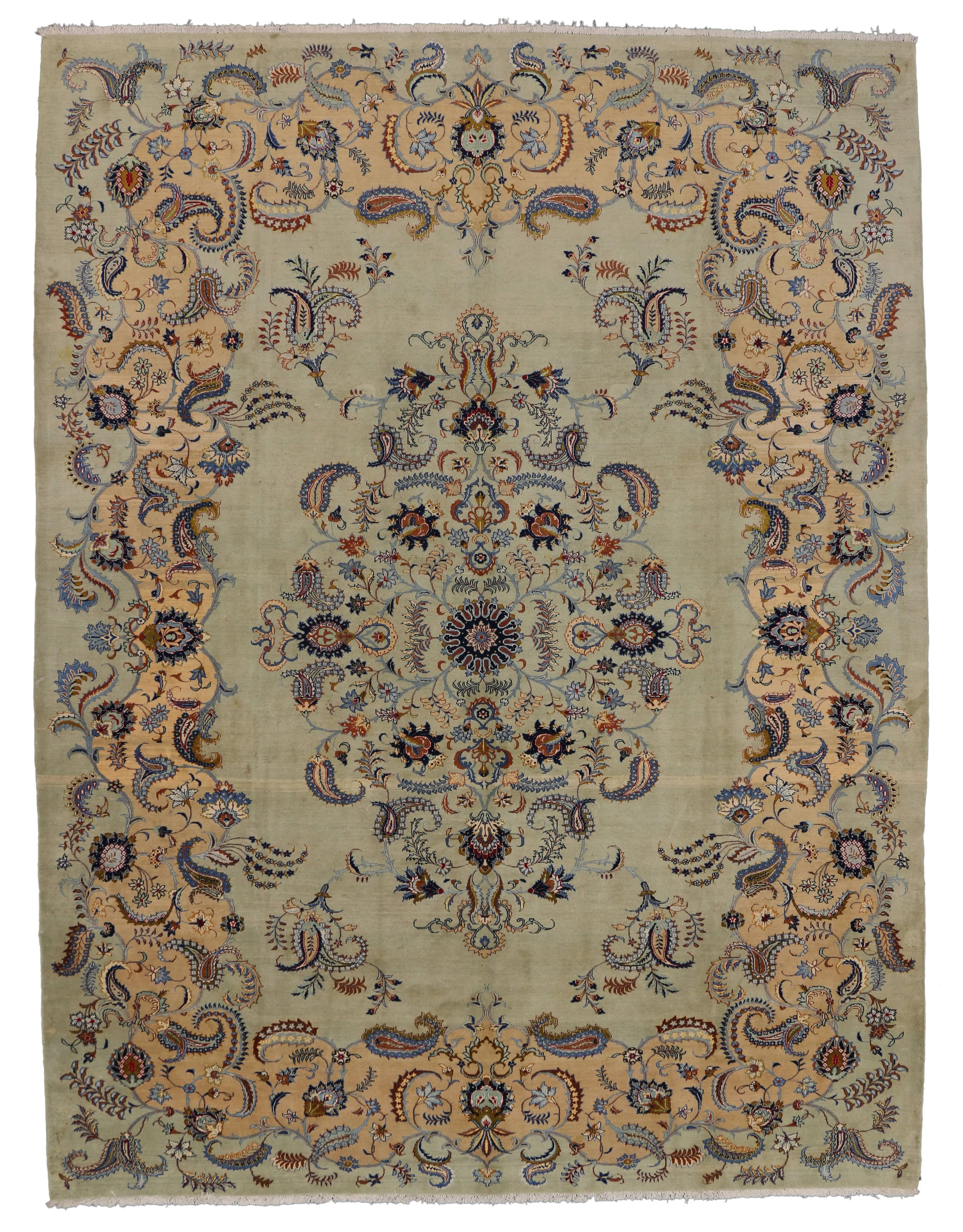 75180, pale green vintage Persian Kashan rug with traditional style. Vintage hand-knotted Persian Kashan rug featuring an ornate center floral medallion motif. Allover floral and vine scroll motifs meander through the pale green field. This vintage
