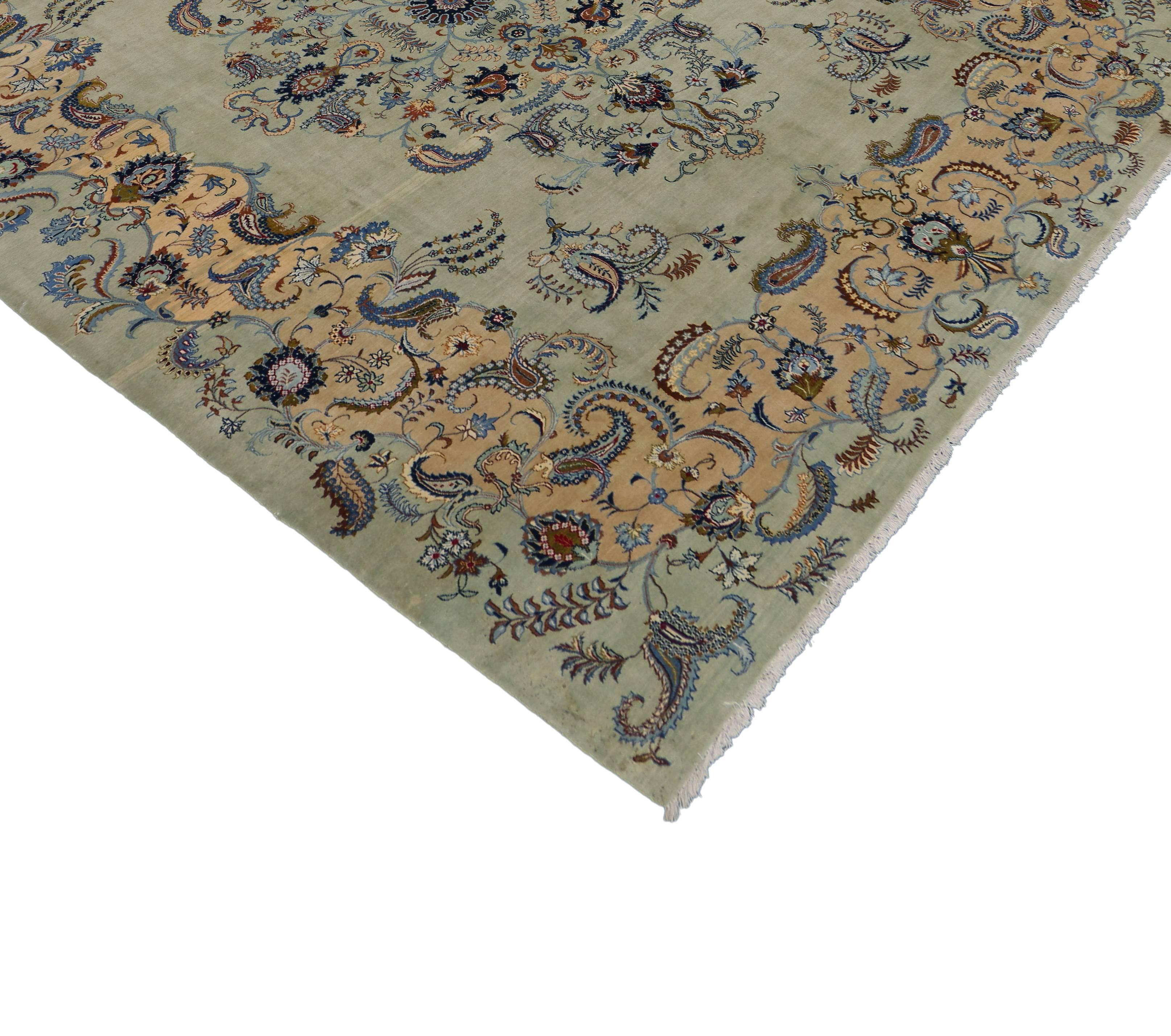 Hand-Knotted Pale Green Vintage Persian Kashan Rug with Traditional Style