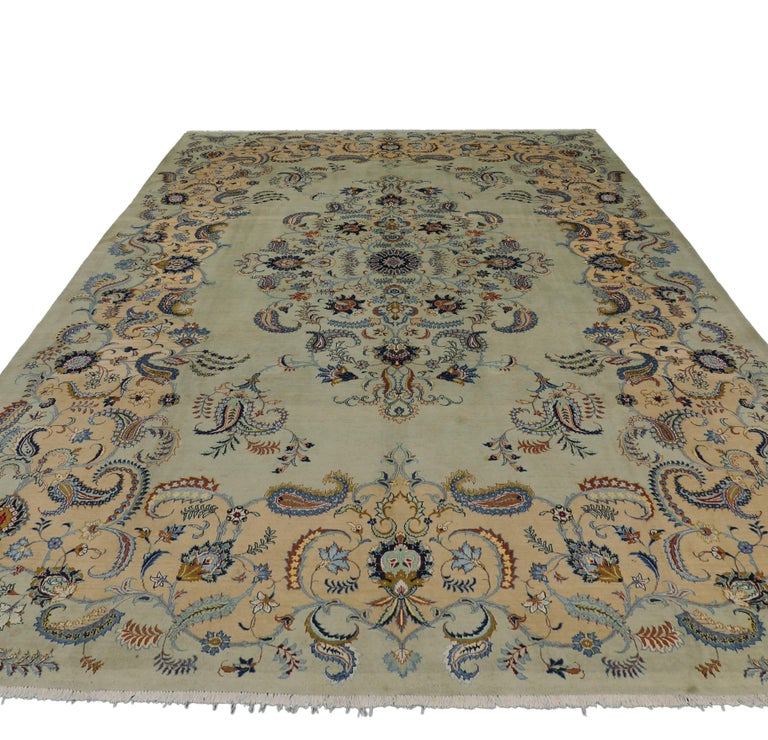 Pale Green Vintage Persian Kashan Rug with Traditional Style at 1stDibs