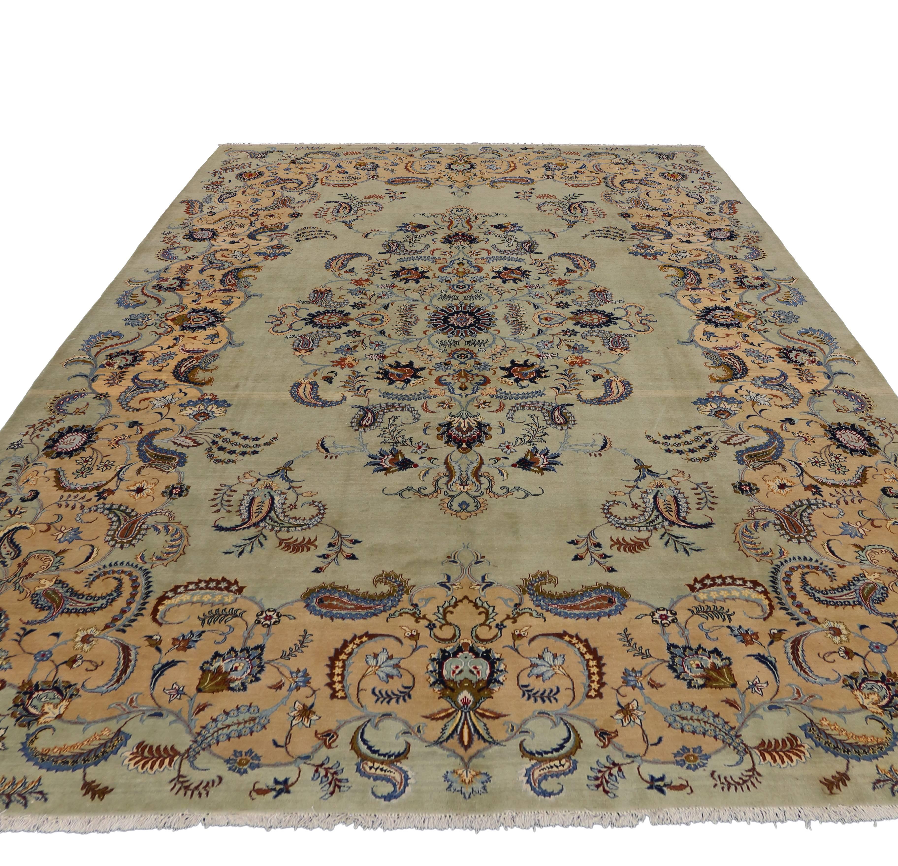 Wool Pale Green Vintage Persian Kashan Rug with Traditional Style