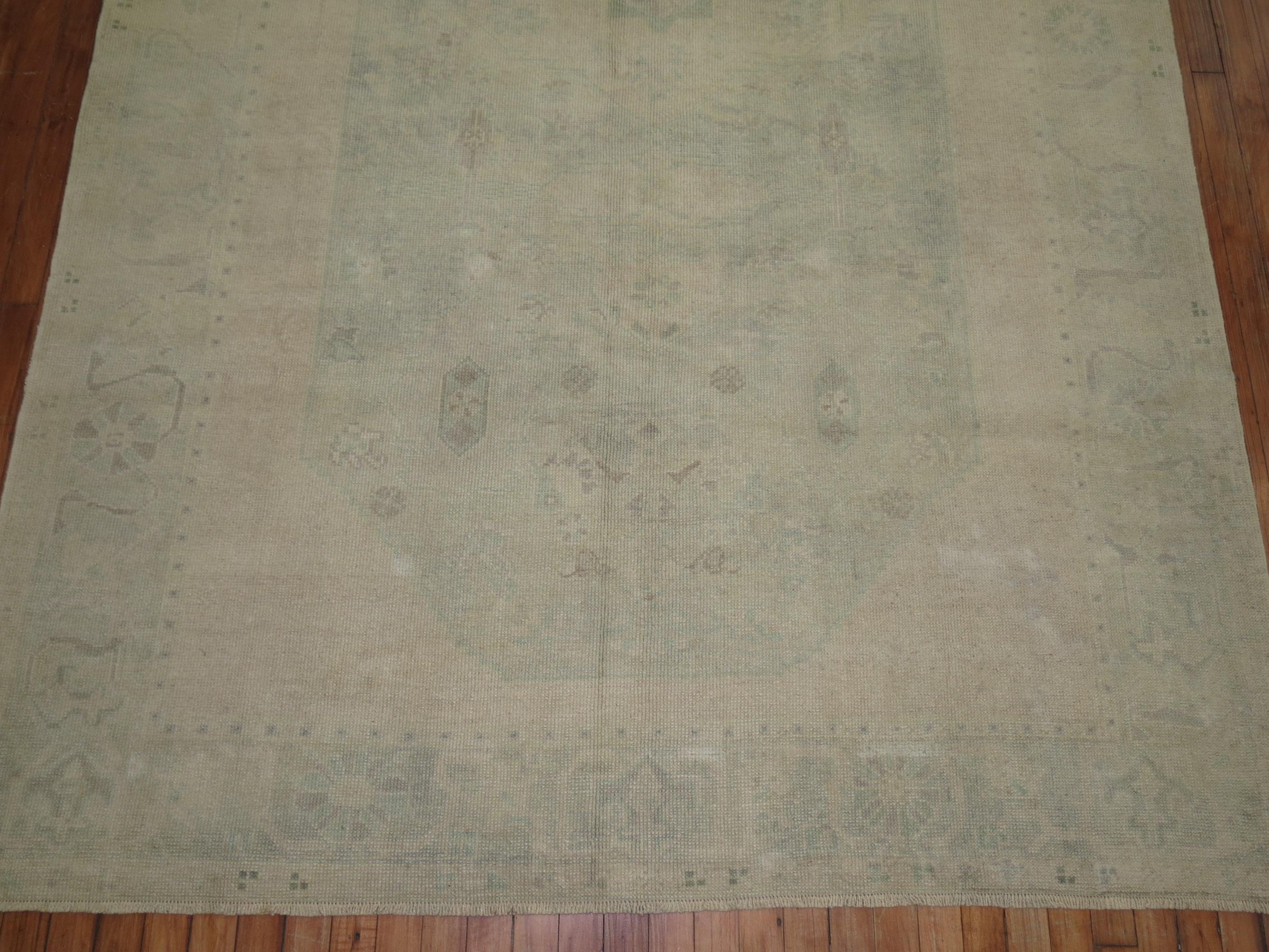 Wool Pale Green Vintage Turkish Oushak Rug For Sale