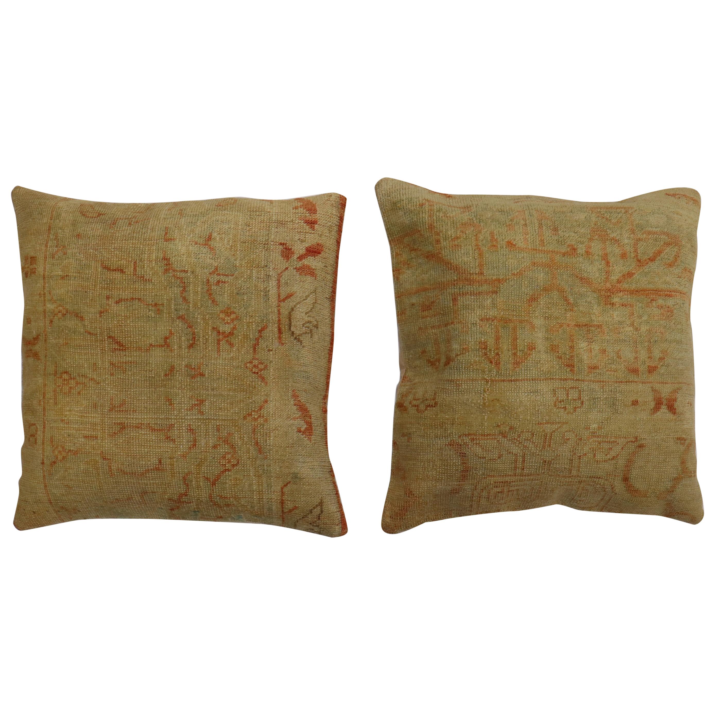 Pale Large Square Antique Turkish Oushak Rug Pillows, Set of 2