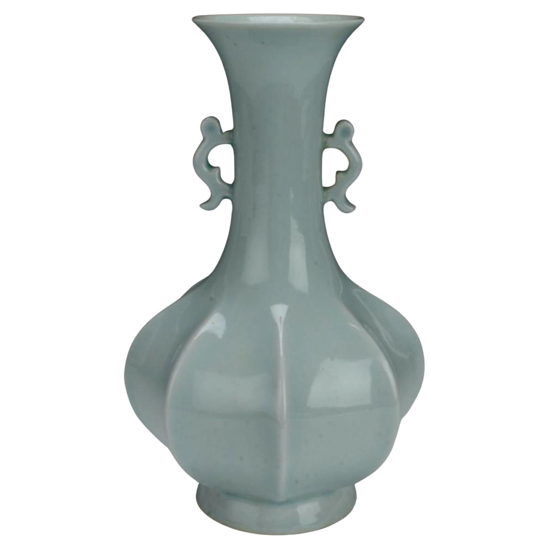 Pale Lobed Celadon Vase with Two Handles For Sale