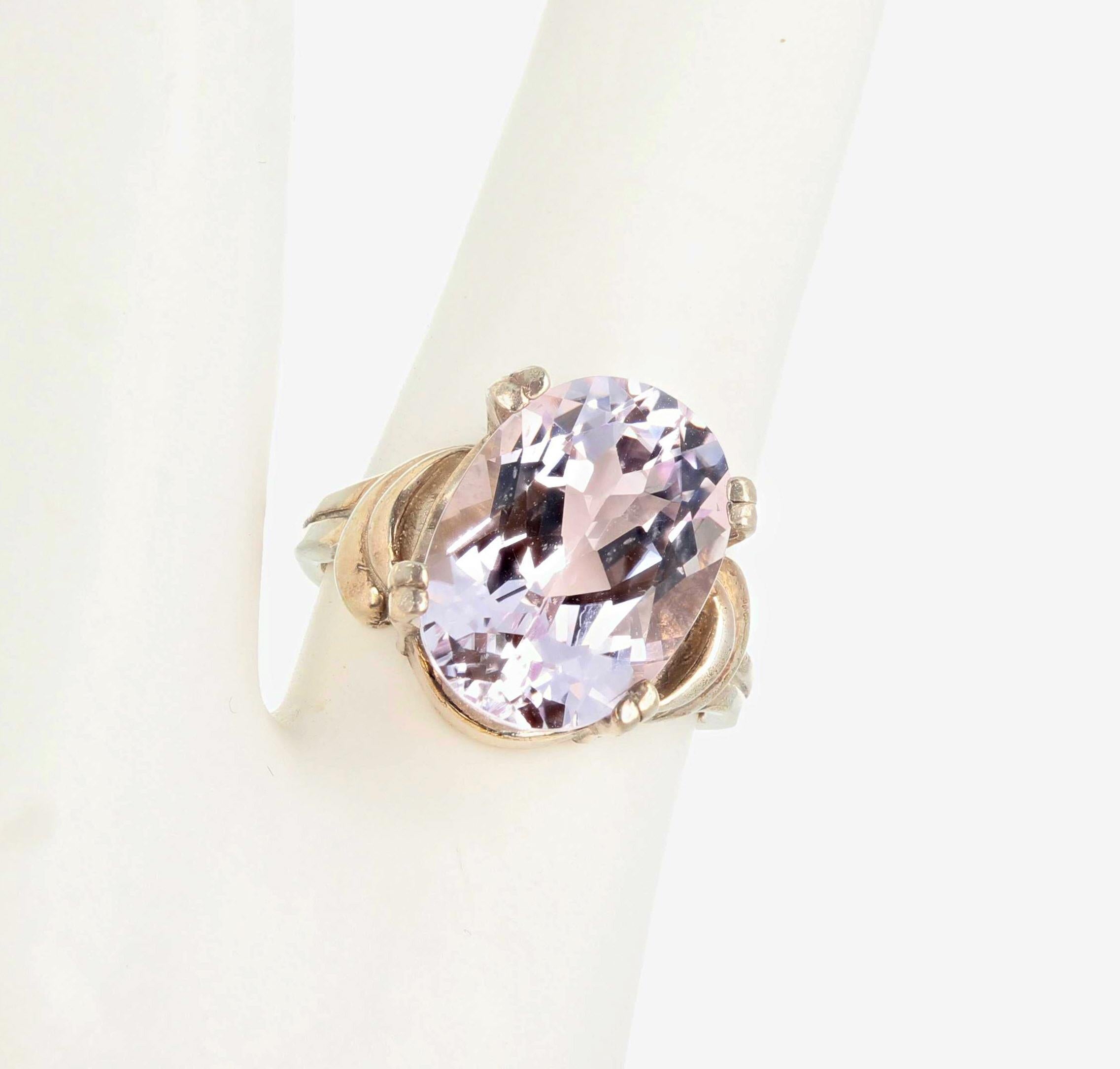 No eye visible inclusions in this gorgeous sparkling natural unheated untreated 6 carat Kunzite (14.2 mm x 10.2 mm) set in this lovely sterling silver ring size 5 sizable.  Spectacular optical effect in the Kunzite exhibits silver reflections and