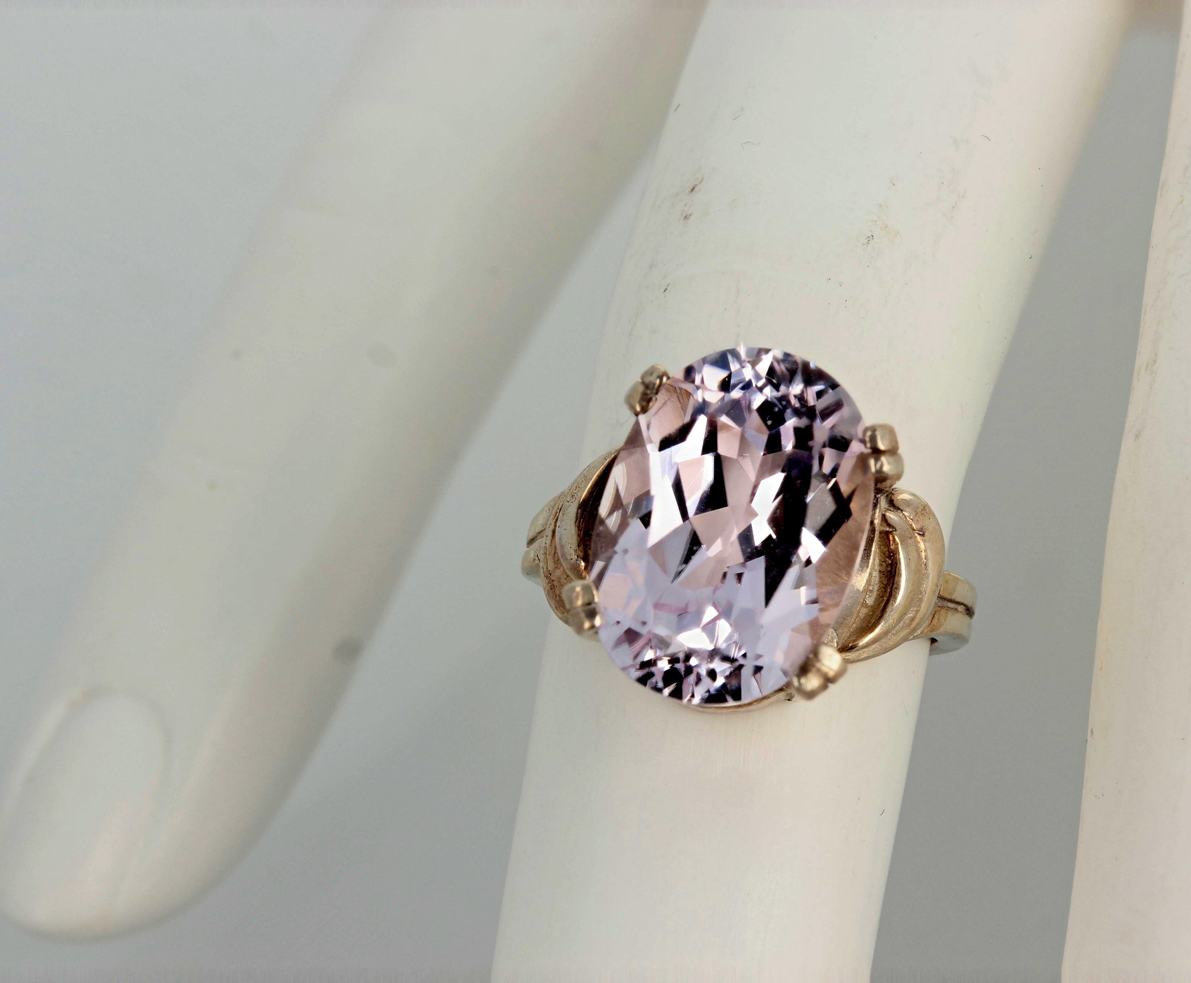 Pale Pale Pale Pink Natural 6 Carat Glittering Kunzite Sterling Silver Ring In New Condition In Raleigh, NC