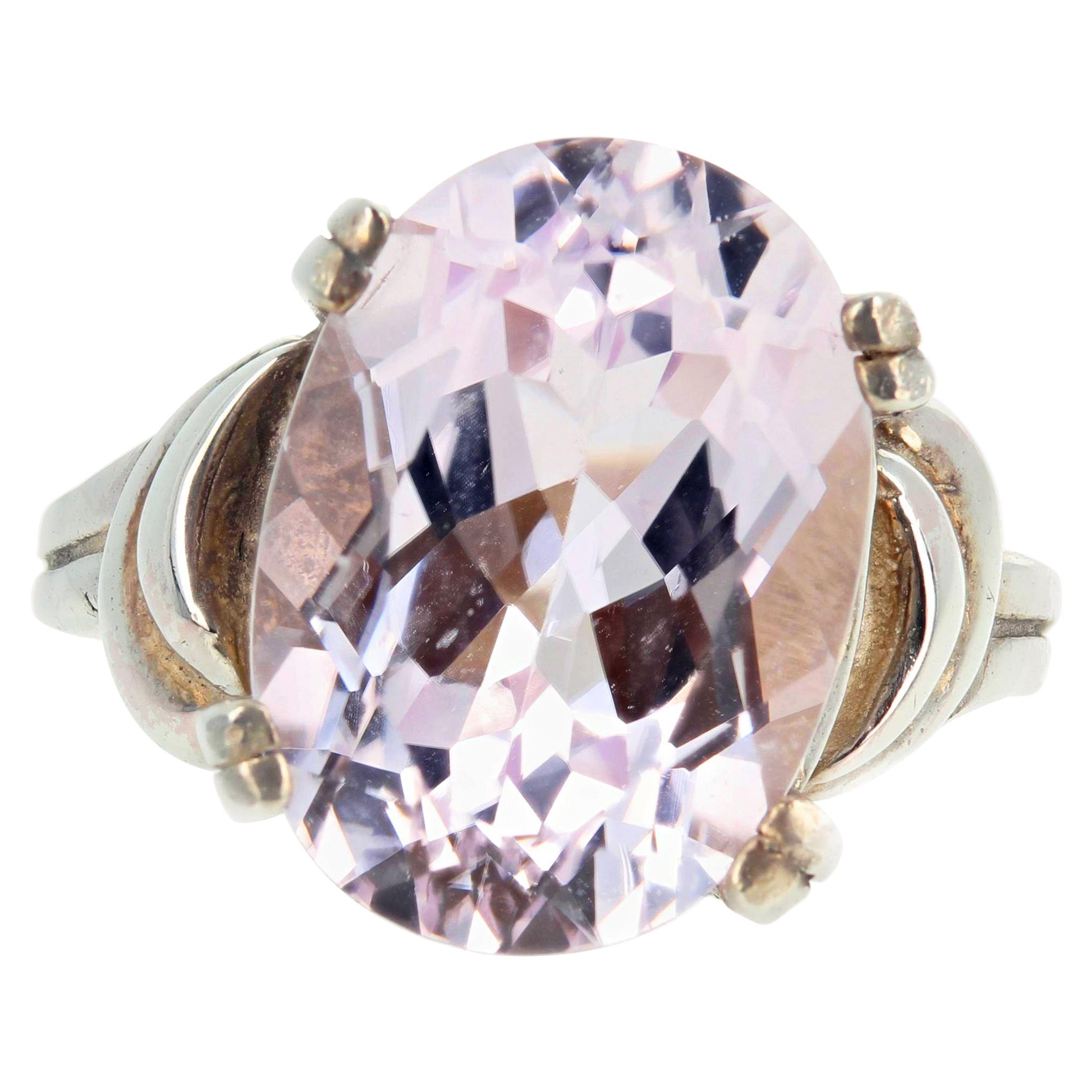 Pale Pale Pale Pink Natural 6 Carat Glittering Kunzite Sterling Silver Ring