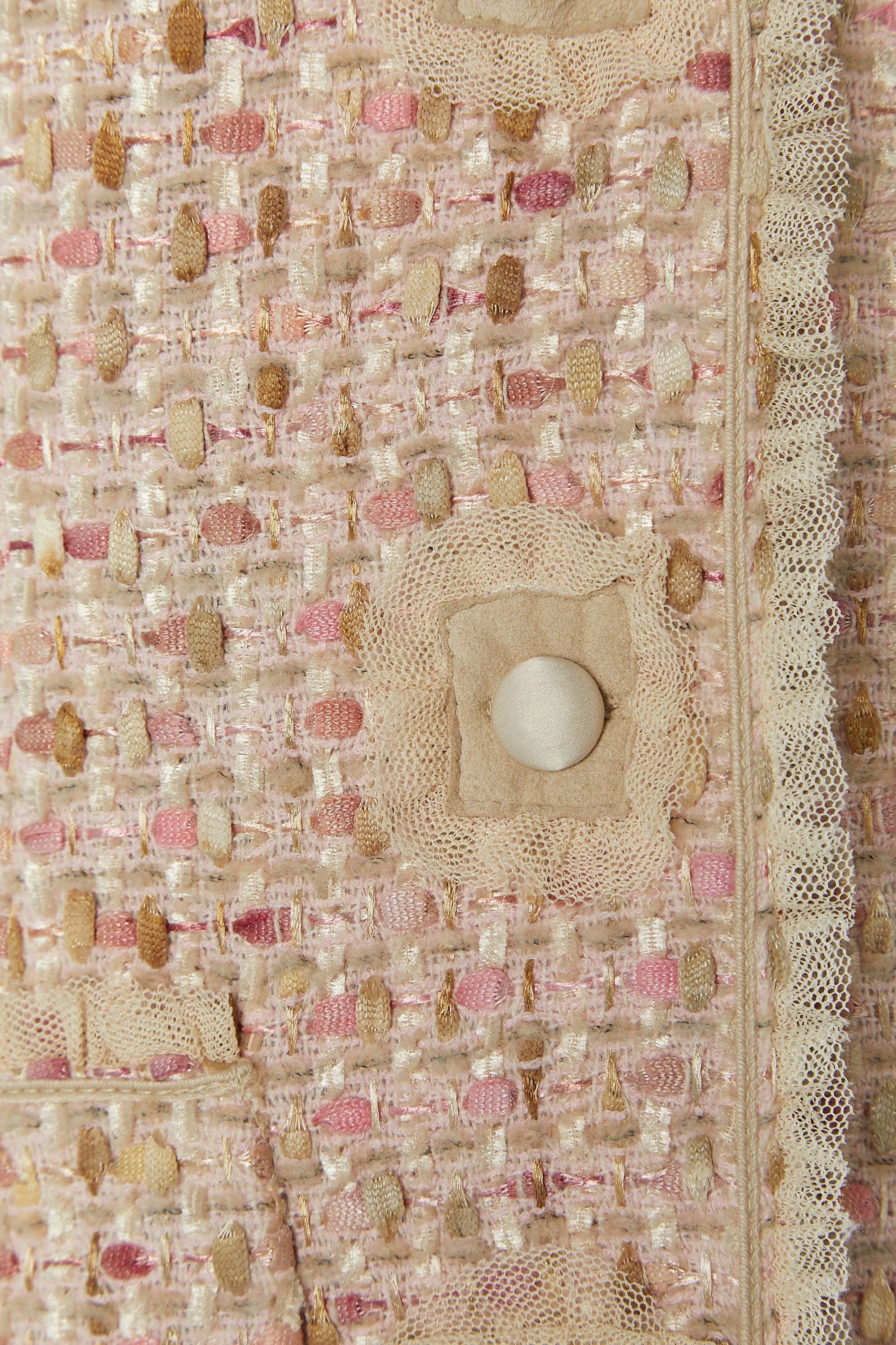 Beige Pale pink and beige tweed single breasted coat with tulle ruffle BILL BLASS NY For Sale