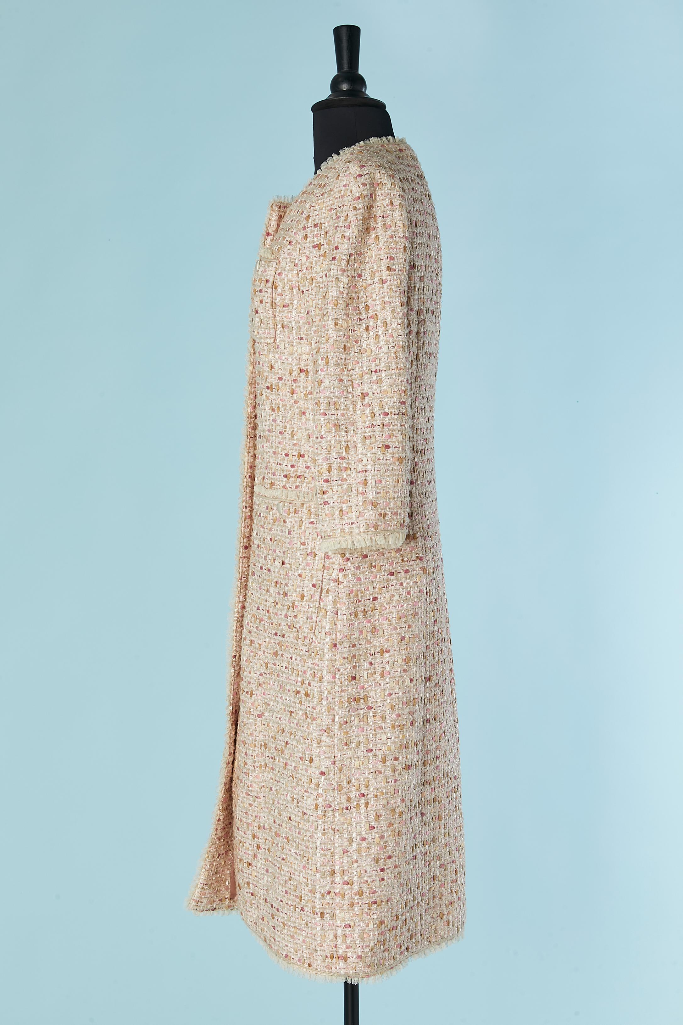Women's Pale pink and beige tweed single breasted coat with tulle ruffle BILL BLASS NY For Sale