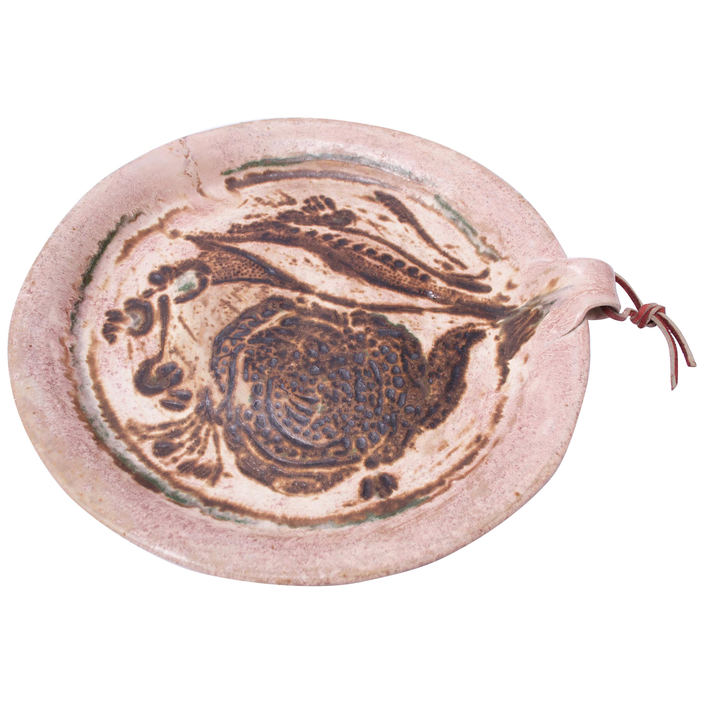Pale Pink and Brown Stoneware Charger Signed Polk, 1972 For Sale