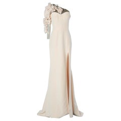 Pale pink asymmetrical evening dress with one sleeve with flowers Lorena Sarbu