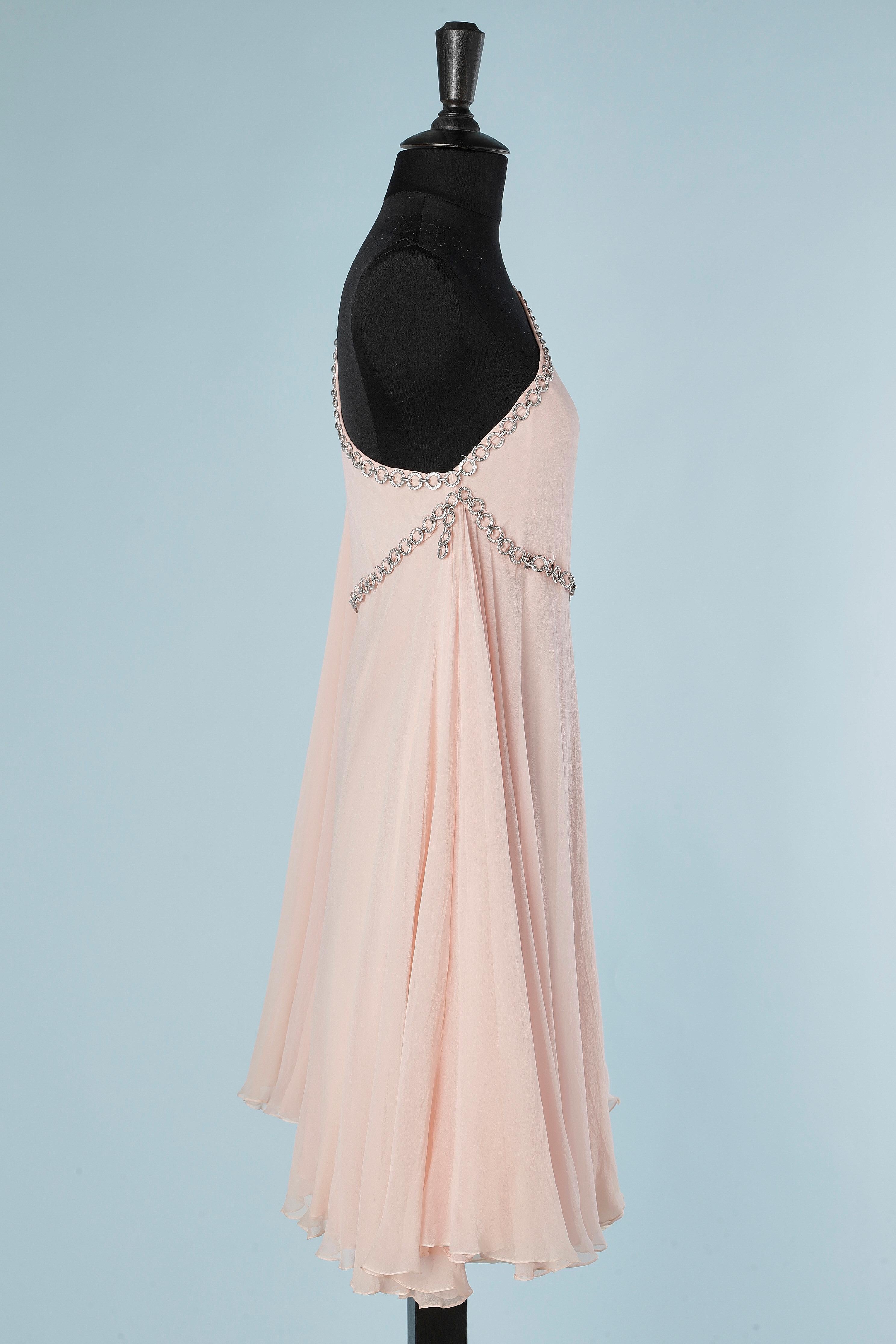 Pale pink babydoll cocktail dress in silk chiffon and chain  Stavropoulos  In Excellent Condition For Sale In Saint-Ouen-Sur-Seine, FR