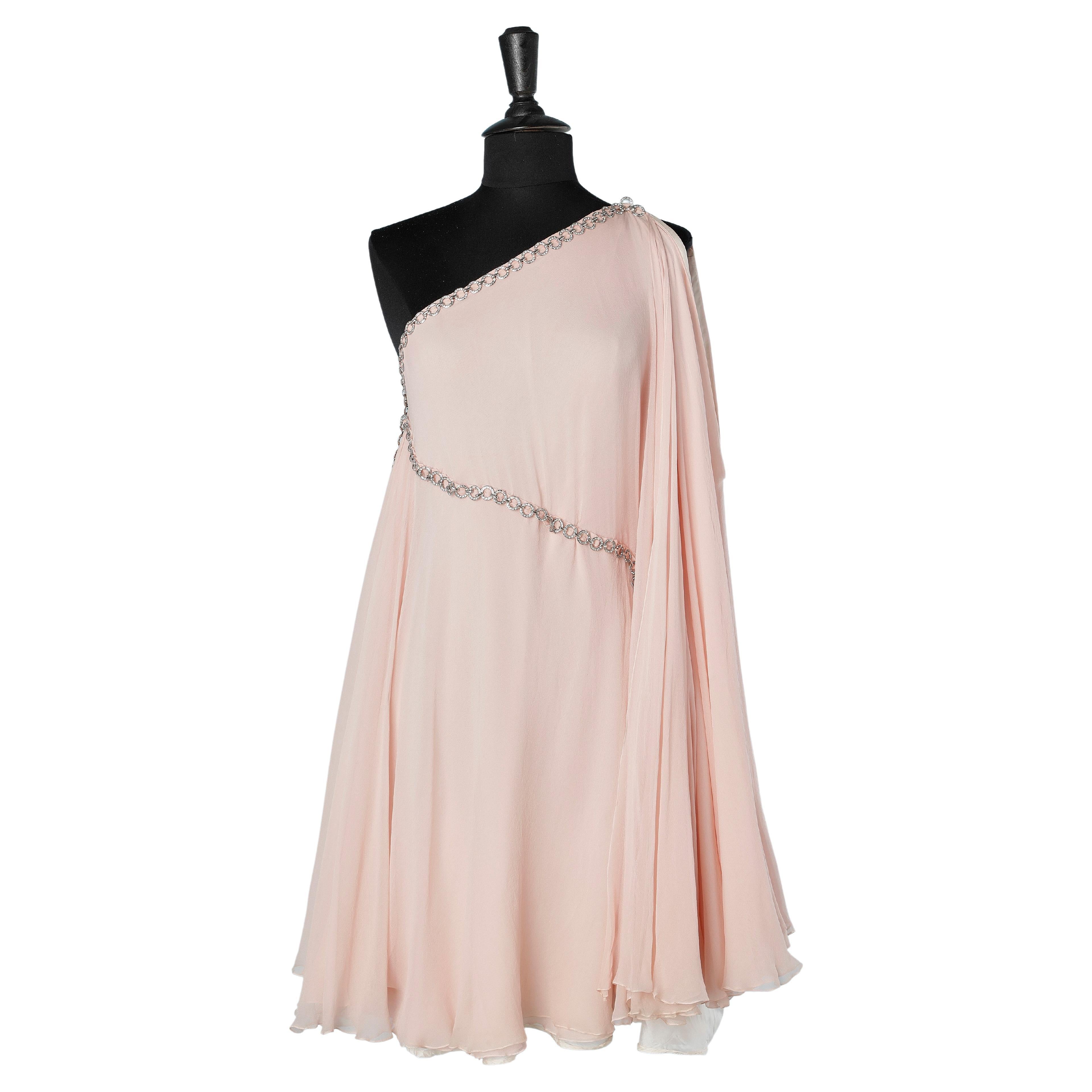 Pale pink babydoll cocktail dress in silk chiffon and chain  Stavropoulos  For Sale